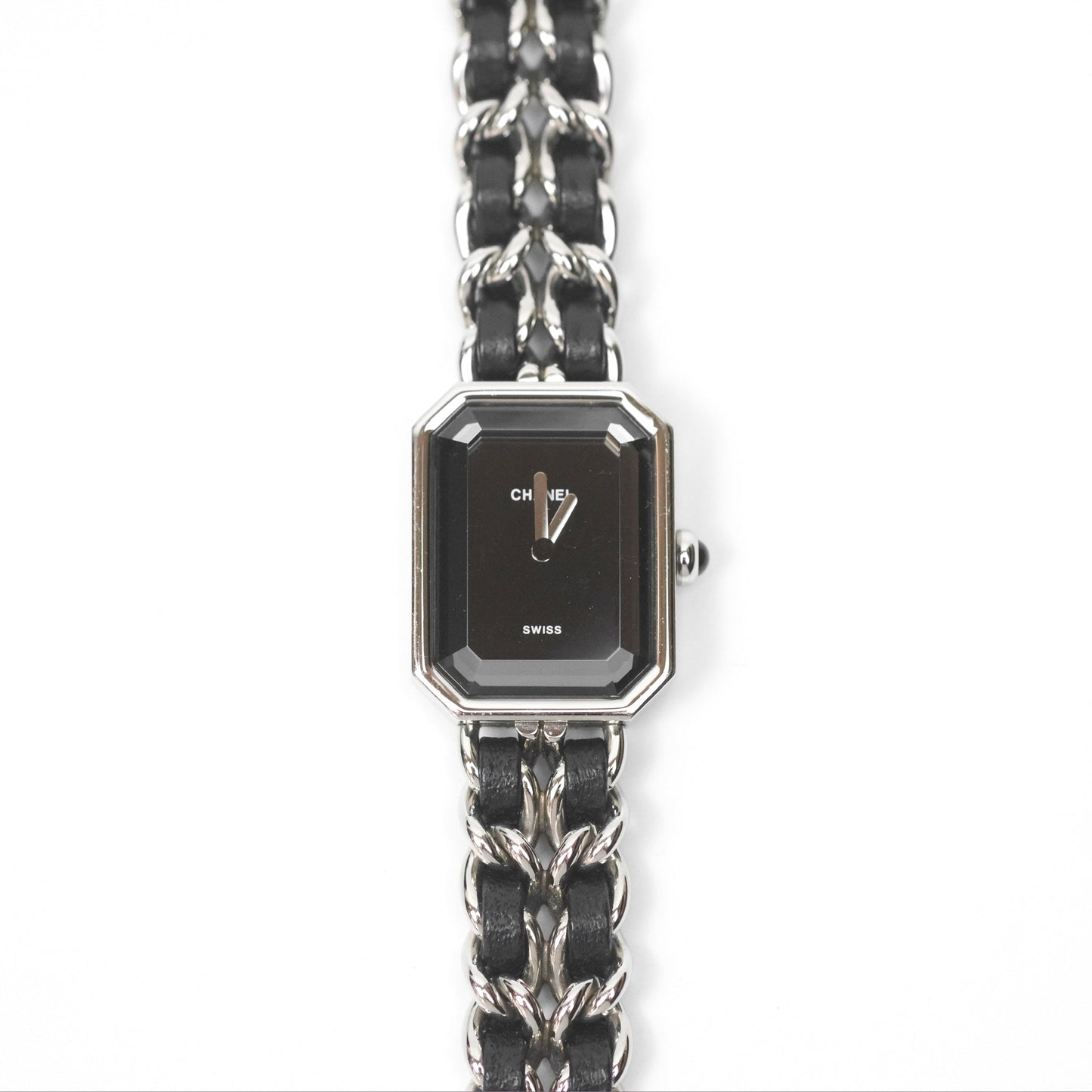 Chanel Première Iconic Chain Watch Black Leather Silver Tone Size ML