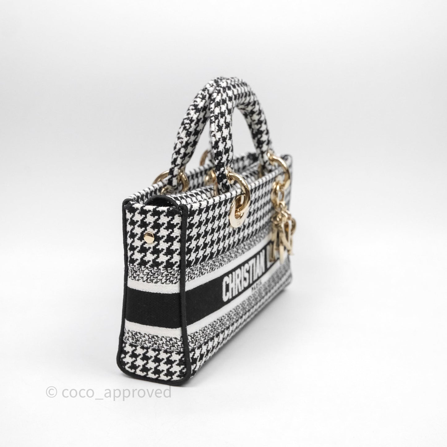 Christian Dior Medium Lady D-Joy Bag Black White Houndstooth Gold Hardware