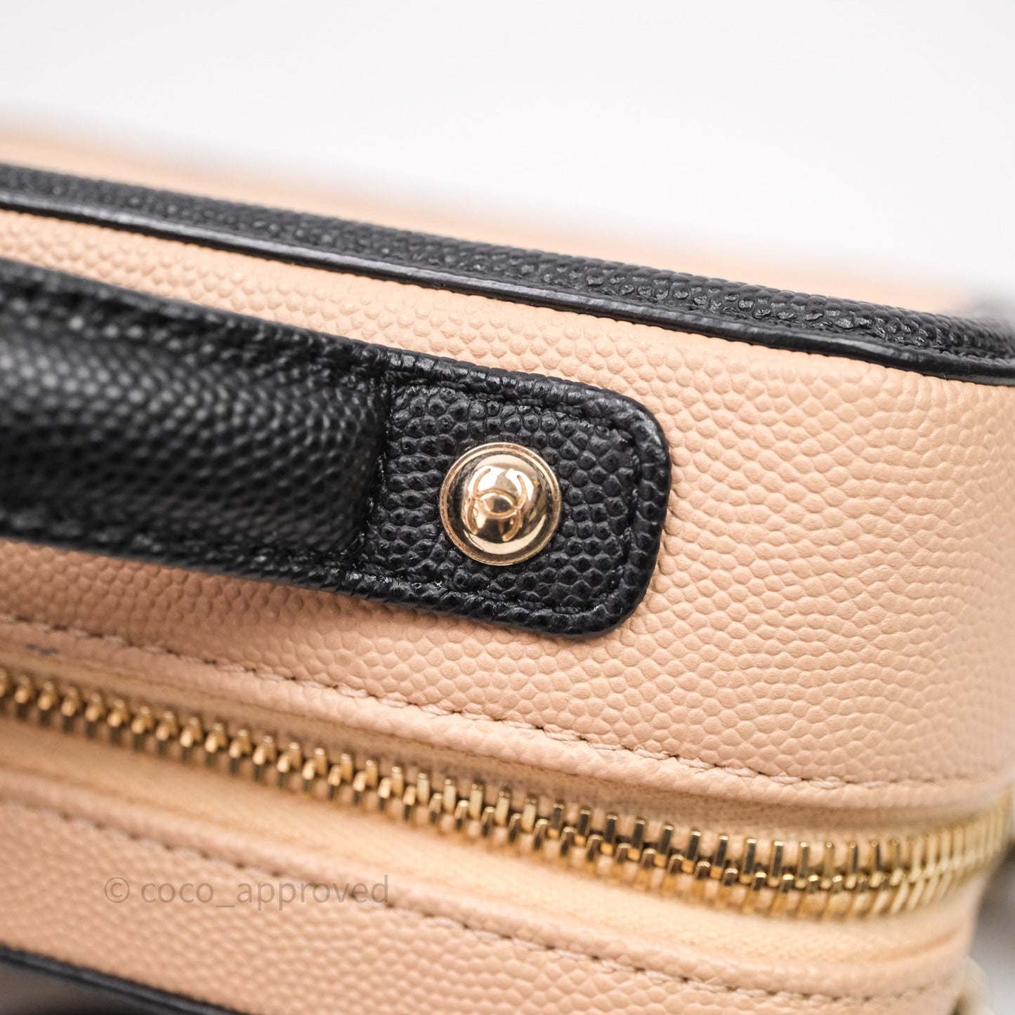 Chanel Quilted New Small CC Filigree Vanity Case Beige Caviar Gold Hardware