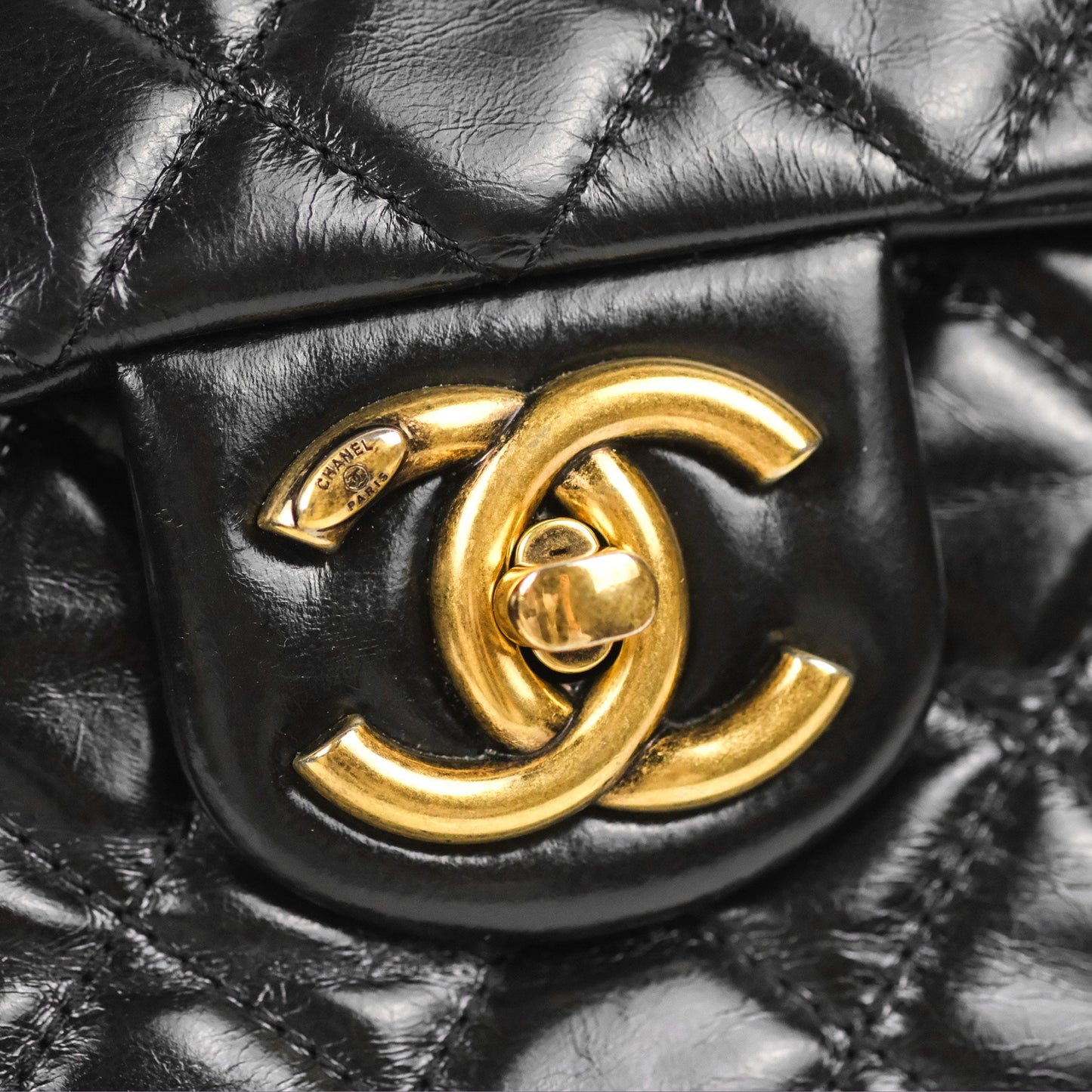Chanel Large Castle Rock Flap Bag Black Glazed Aged Calfskin Burgundy Handle