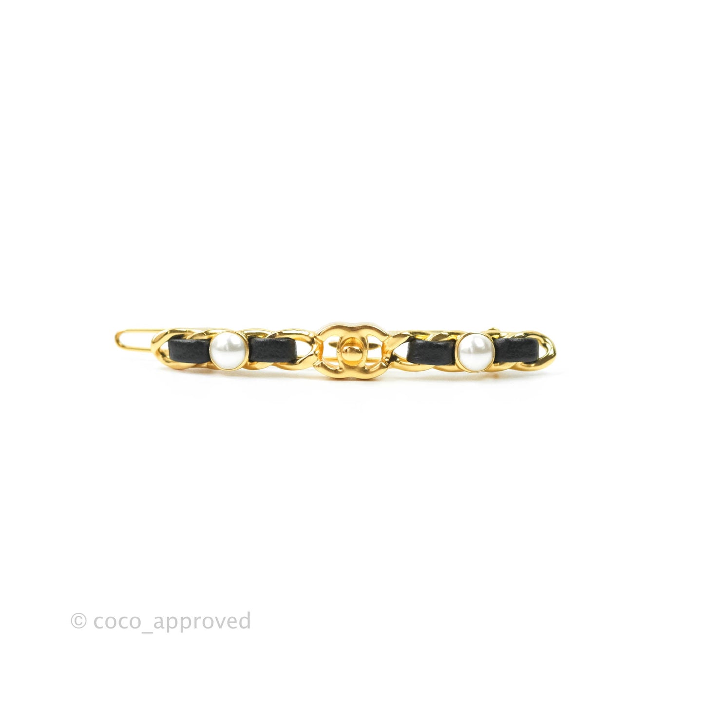 Chanel CC Lock Pearl Chain Hair Clip Gold Tone 20A