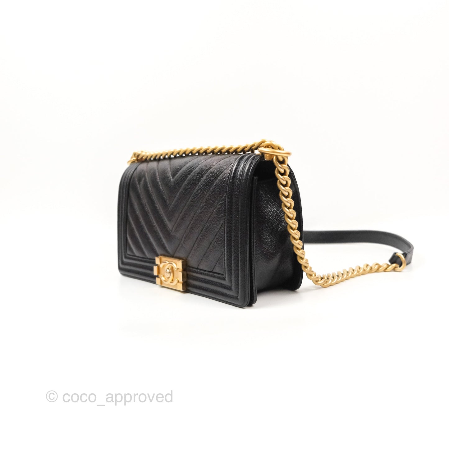 Chanel Chevron Medium Boy Black Caviar Aged Gold Hardware
