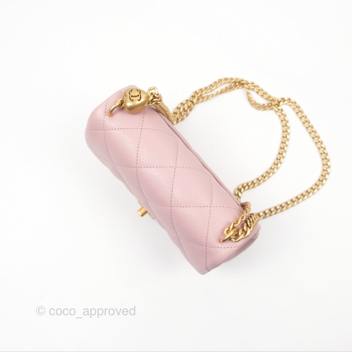 Chanel Mini Flap Bag Heart Adjustable Chain Dusty Pink Caviar Aged Gold Hardware
