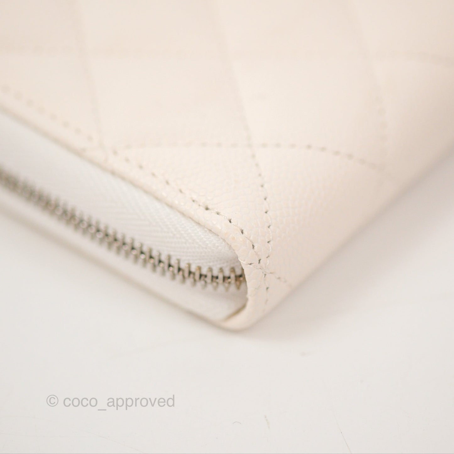 Chanel Quilted Zip Long Wallet White Caviar Silver Hardware