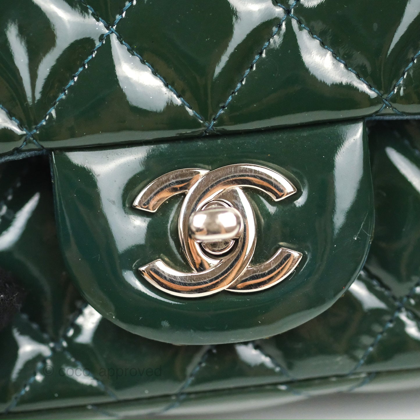 Chanel Quilted Extra Mini Rectangular Flap Teal Patent Silver Hardware