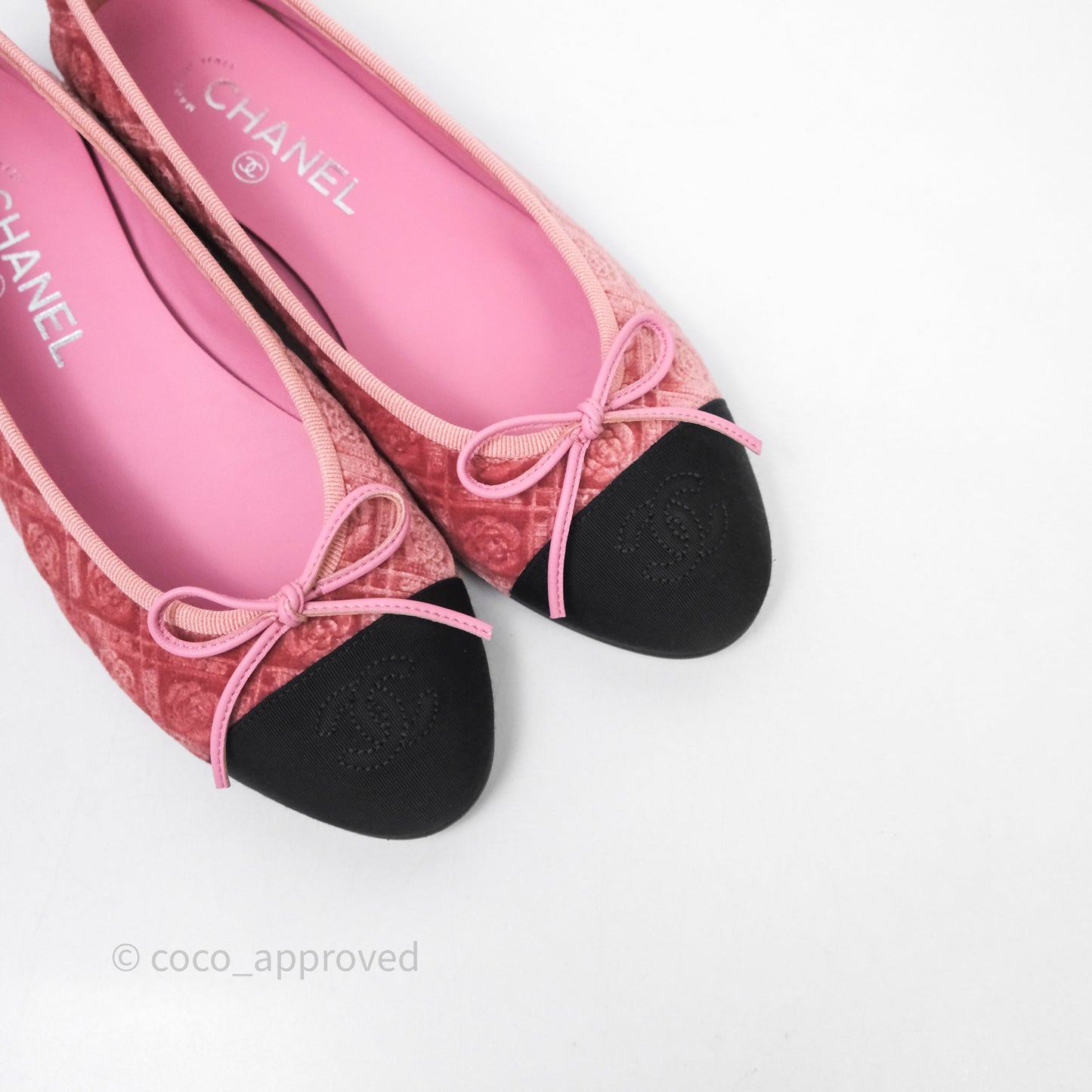 Chanel Ballerina Flats Camellia Quilts Pink Velvet Size 38