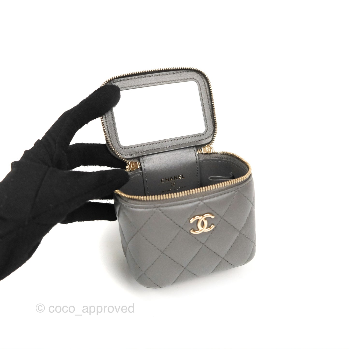 Chanel Mini Top Handle Vanity With Chain Dark Grey Lambskin Gold Hardware