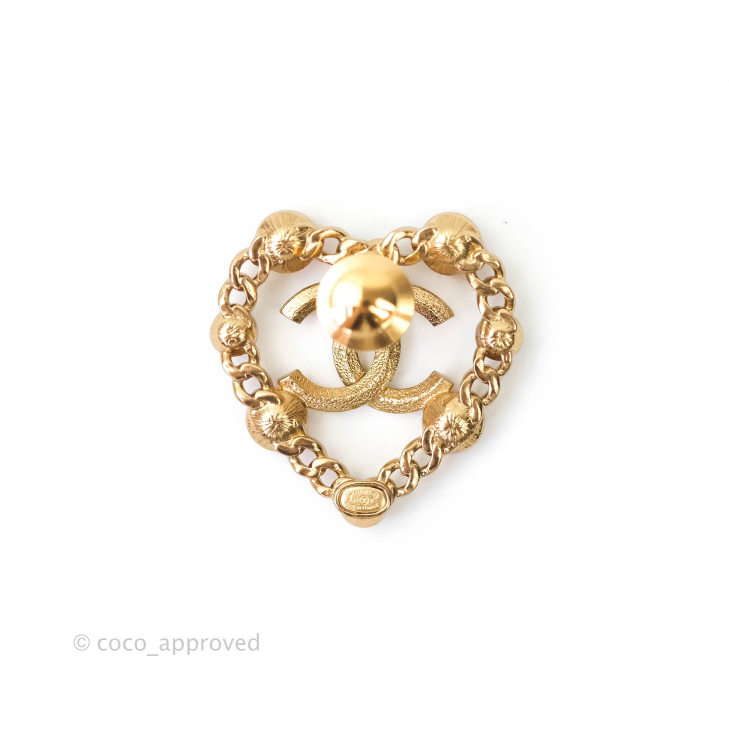 Chanel CC Pearl Rhinestone Heart Pin Brooch Gold Tone 21P