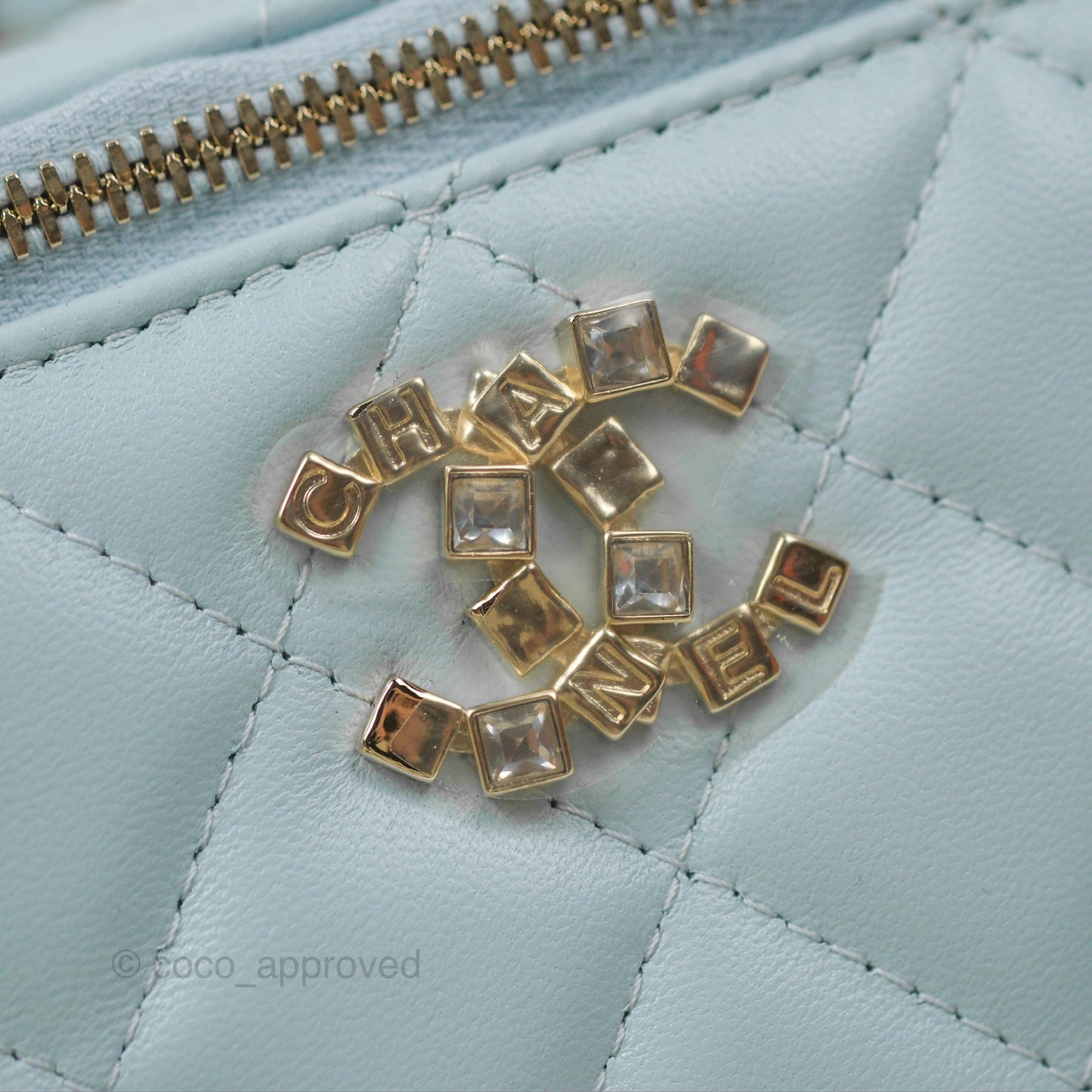 Chanel Vanity Rectangular Logo Crystal Top Handle Light Blue Lambskin Gold Hardware