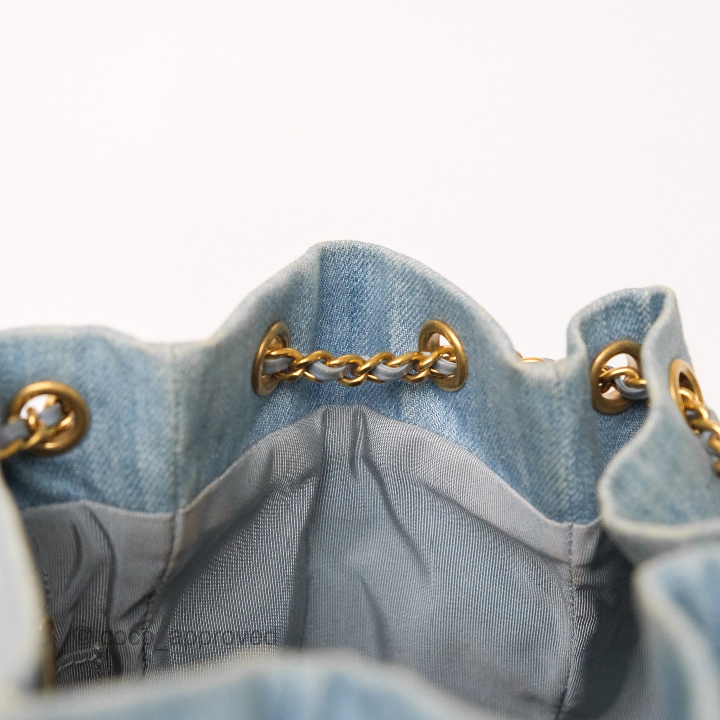 Chanel Drawstring Bucket Bag Denim Blue Aged Gold Hardware