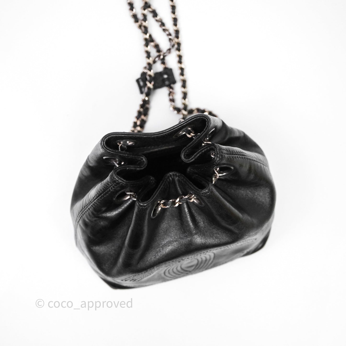 Chanel Vintage CC Drawstring Bag Black Calfskin Silver Hardware