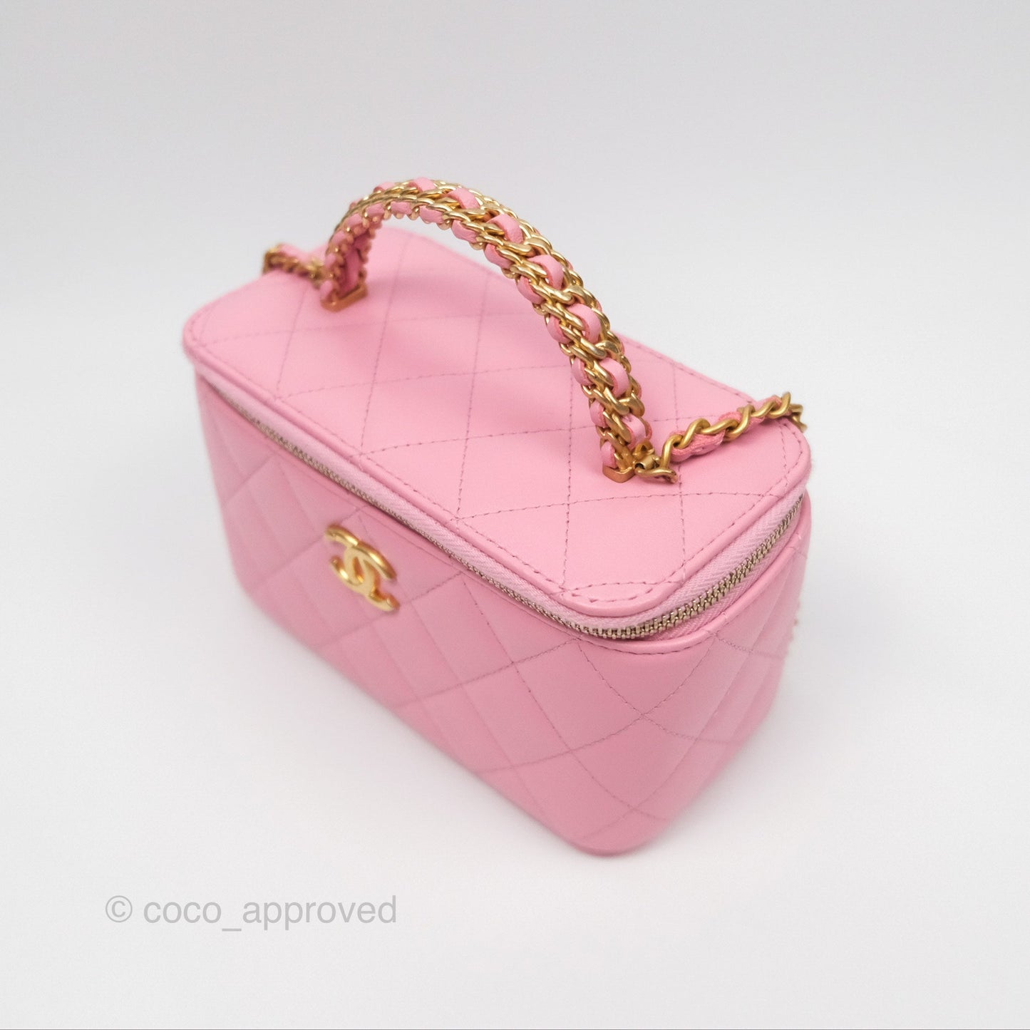 Chanel Vanity Rectangular with Top Handle Pink Lambskin Aged Gold Hardware