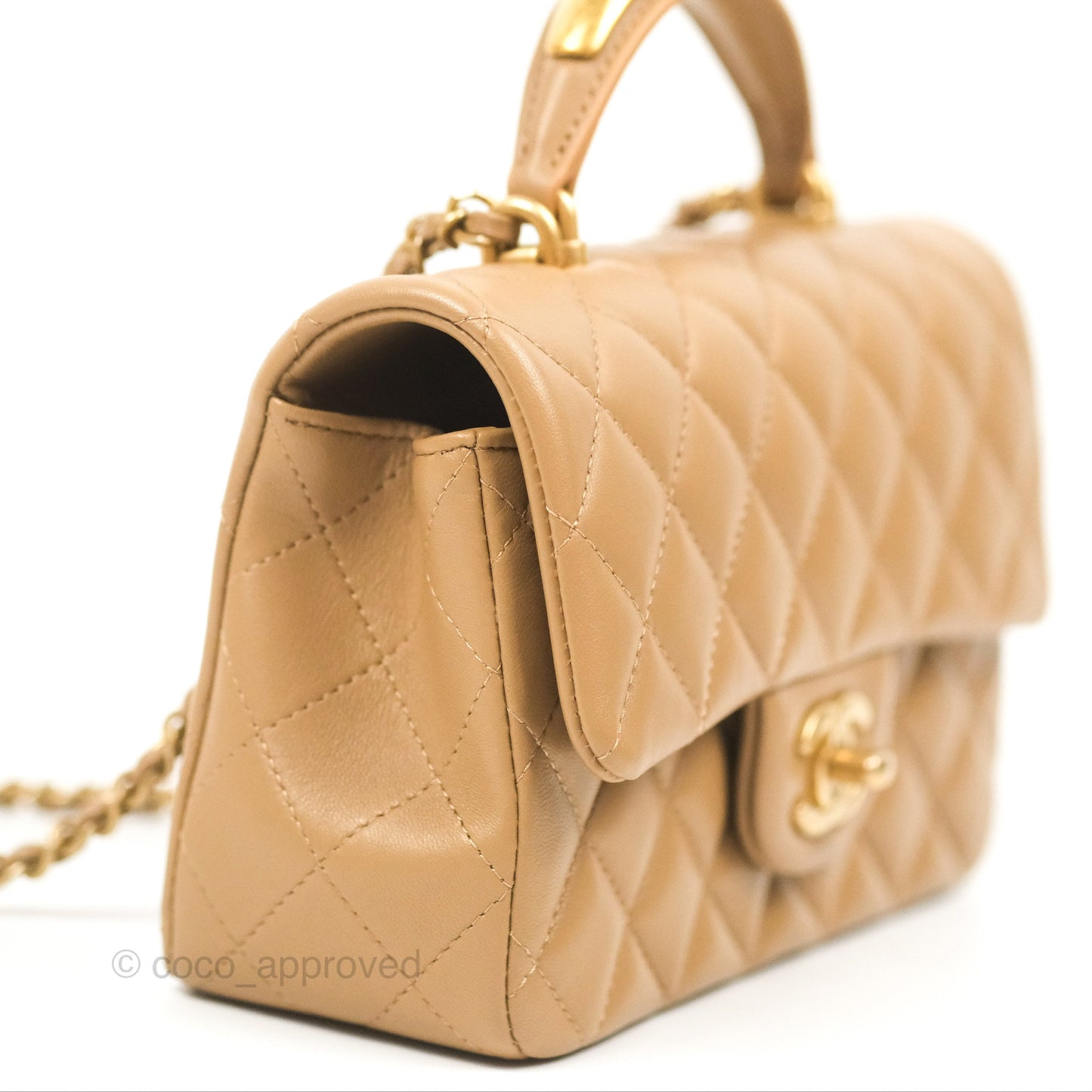 Chanel Top Handle Mini Rectangular Flap Bag Beige Lambskin Aged Gold Hardware