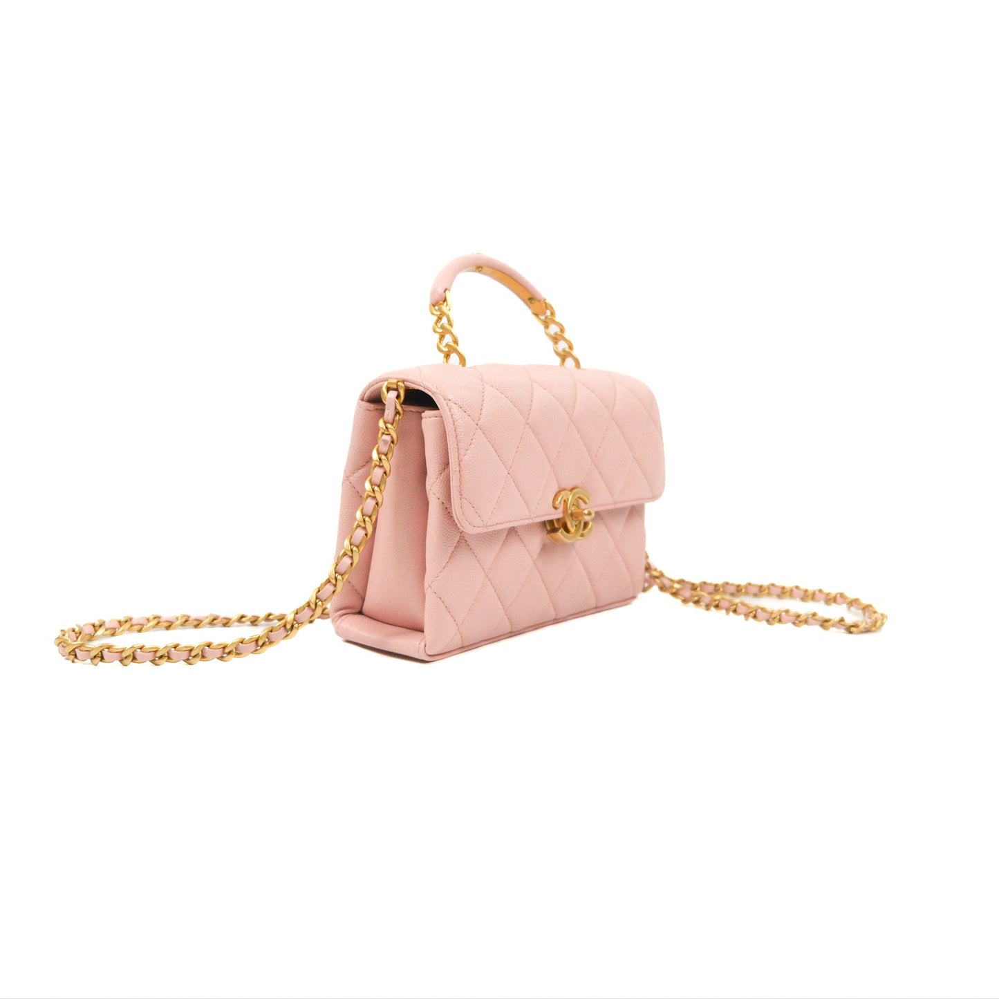 Chanel Carry Me Top Handle Flap Bag Pink Caviar Aged Gold Hardware 23S