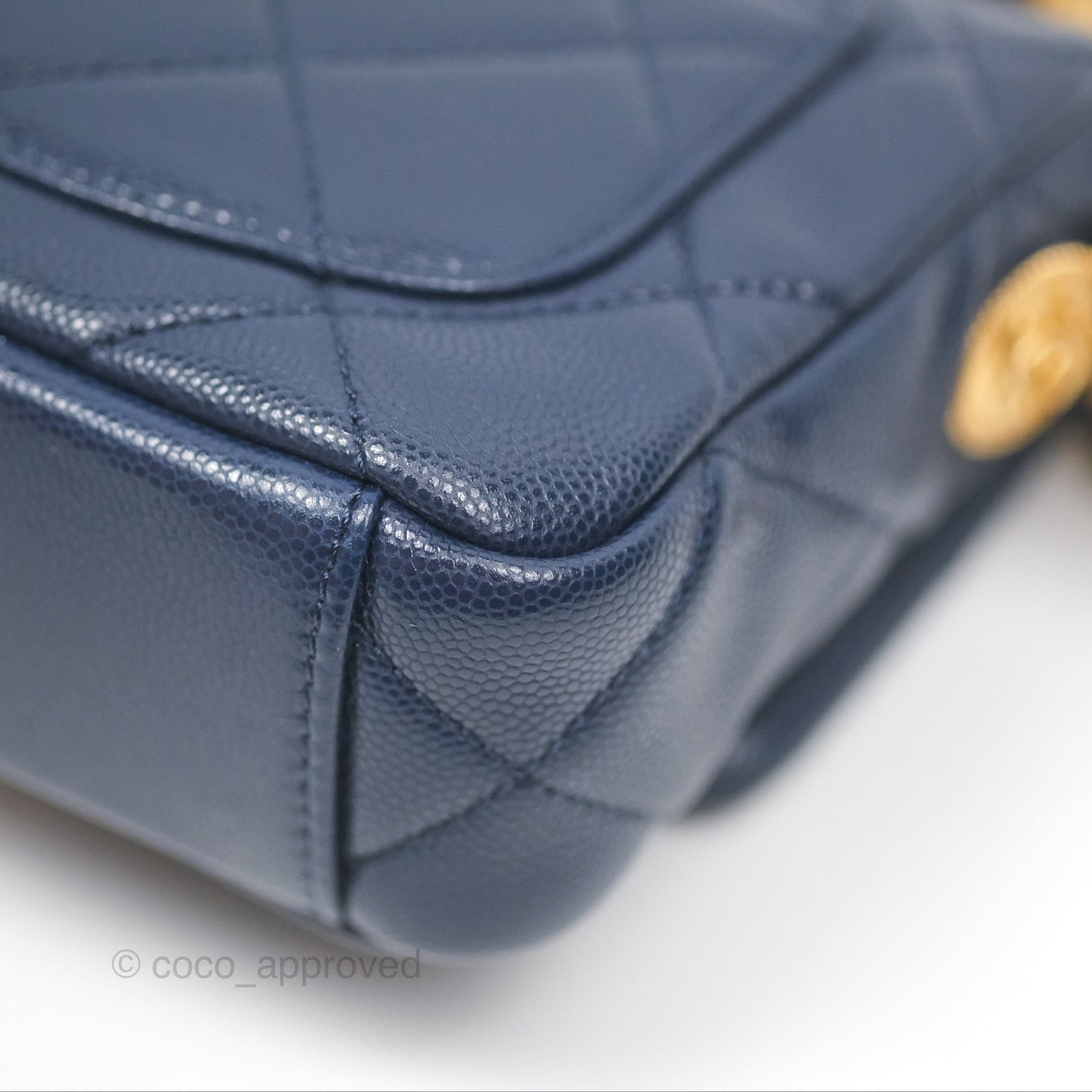Chanel Mini Flap with Coin Charm Navy Caviar Aged Gold Hardware 22A