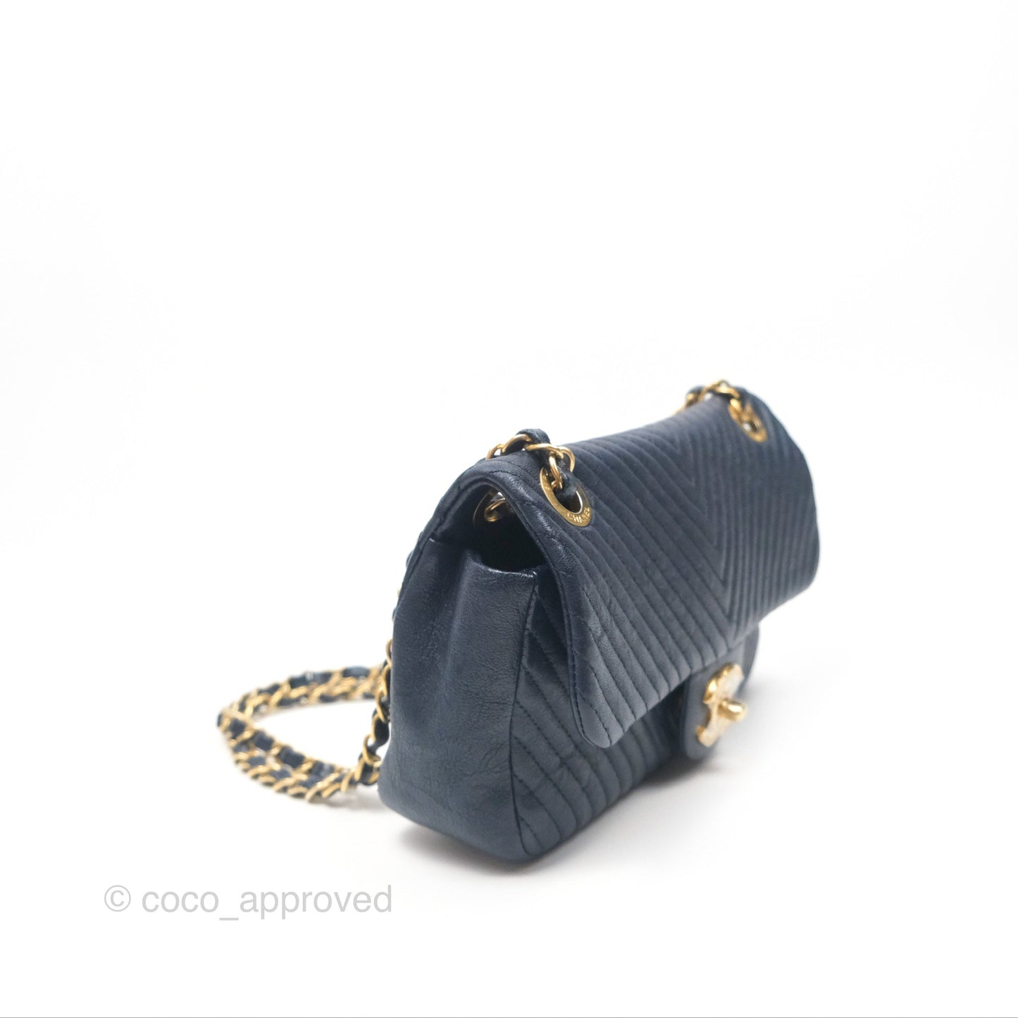 Chanel Small Chevron Surpique Flap Navy Calfskin Aged Gold Hardware
