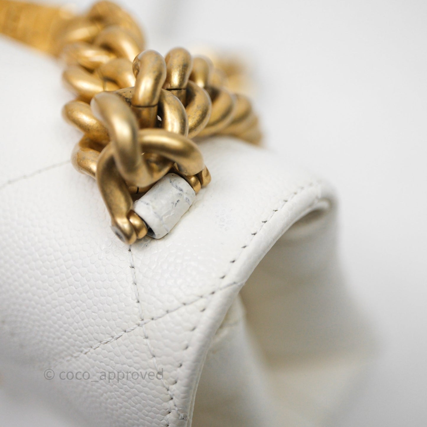 Chanel Bracelet On Chain Small Flap Bag White Caviar Aged Gold Hardware