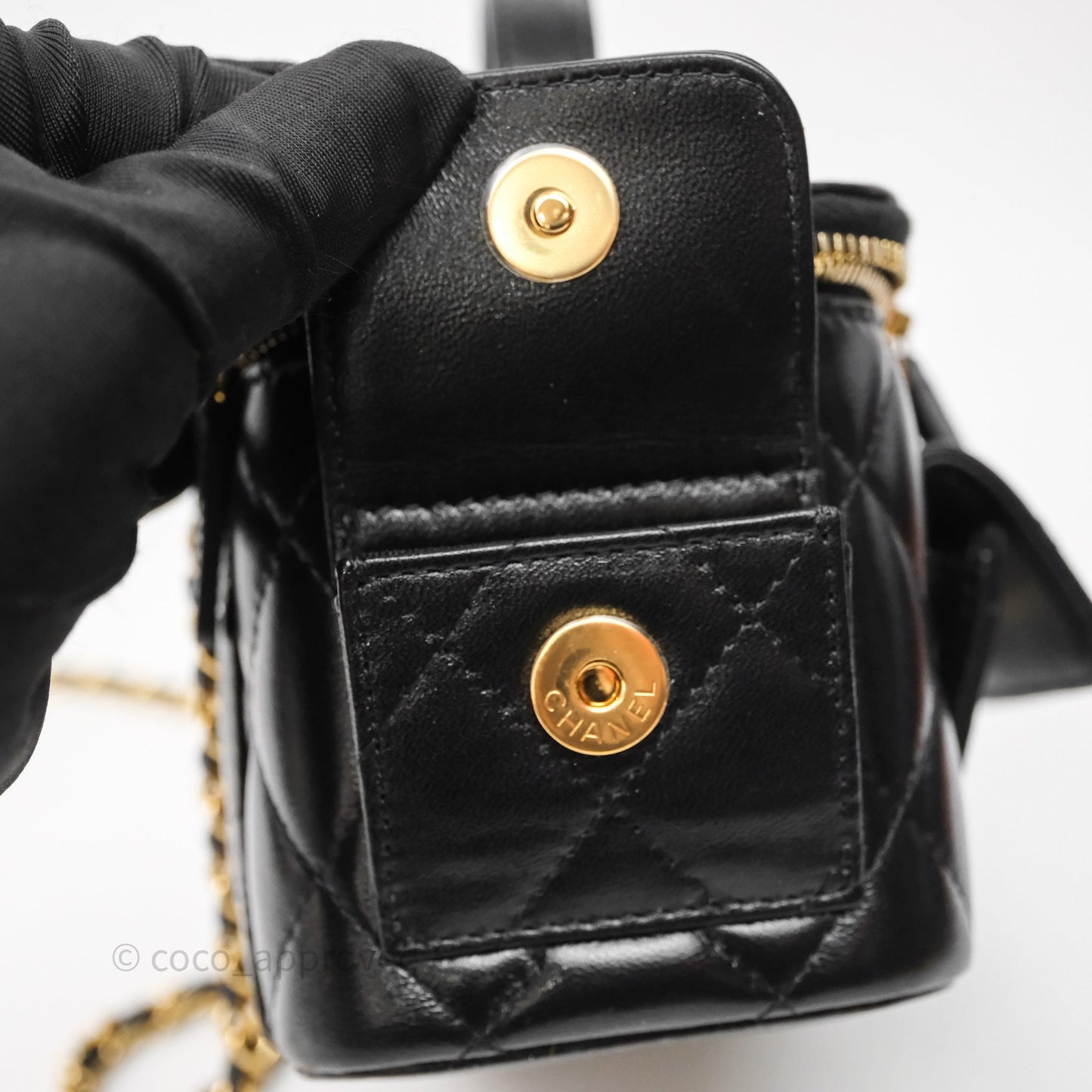 Chanel Quilted Top Handle Pocket Vanity Case Black Shiny Lambskin Bag Gold Hardware