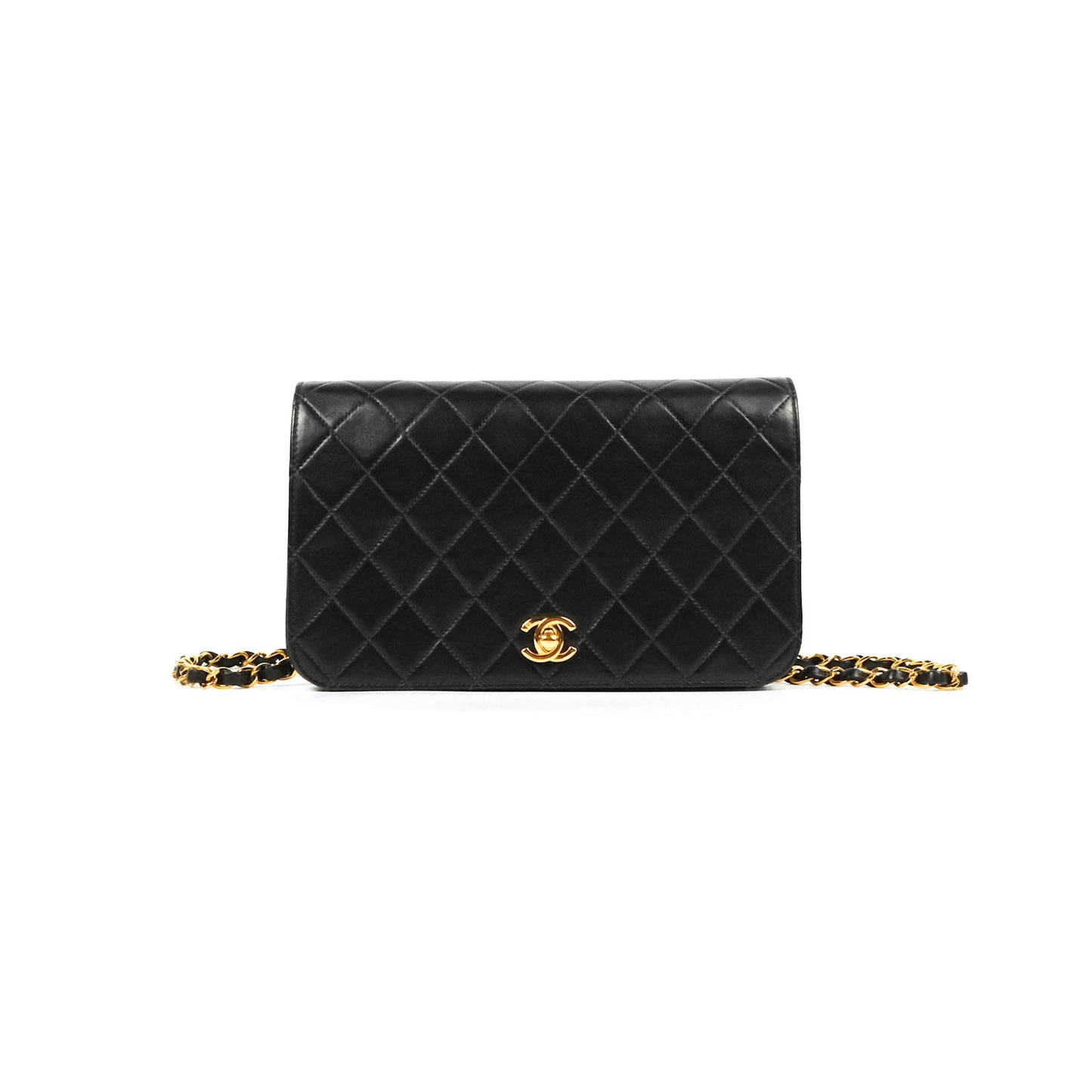 Chanel Vintage Full Flap Quilted Shoulder Bag Black Lambskin 24K Gold Hardware