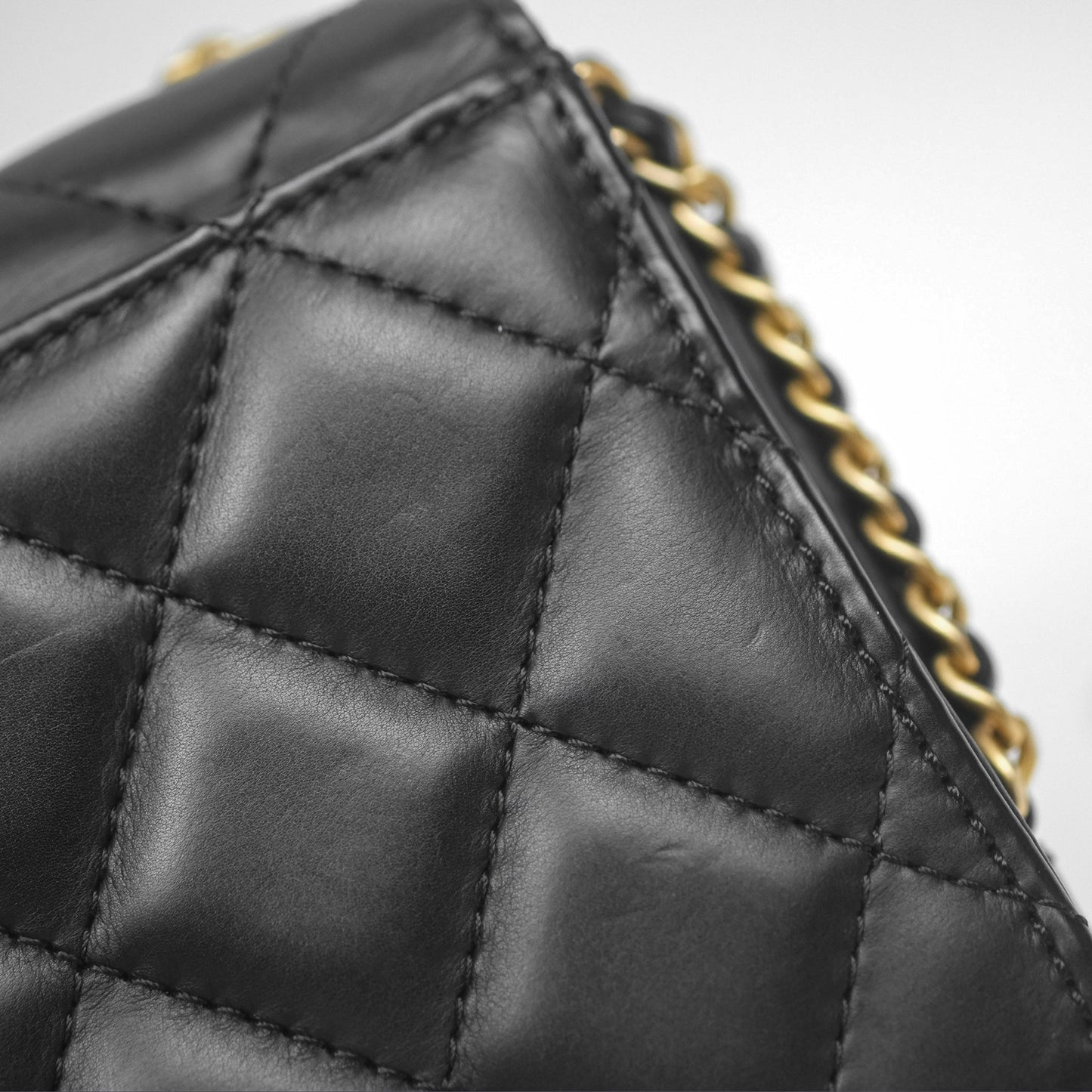Chanel Quilted Side Chain Flap Bag Black Calfskin Aged Gold Hardware