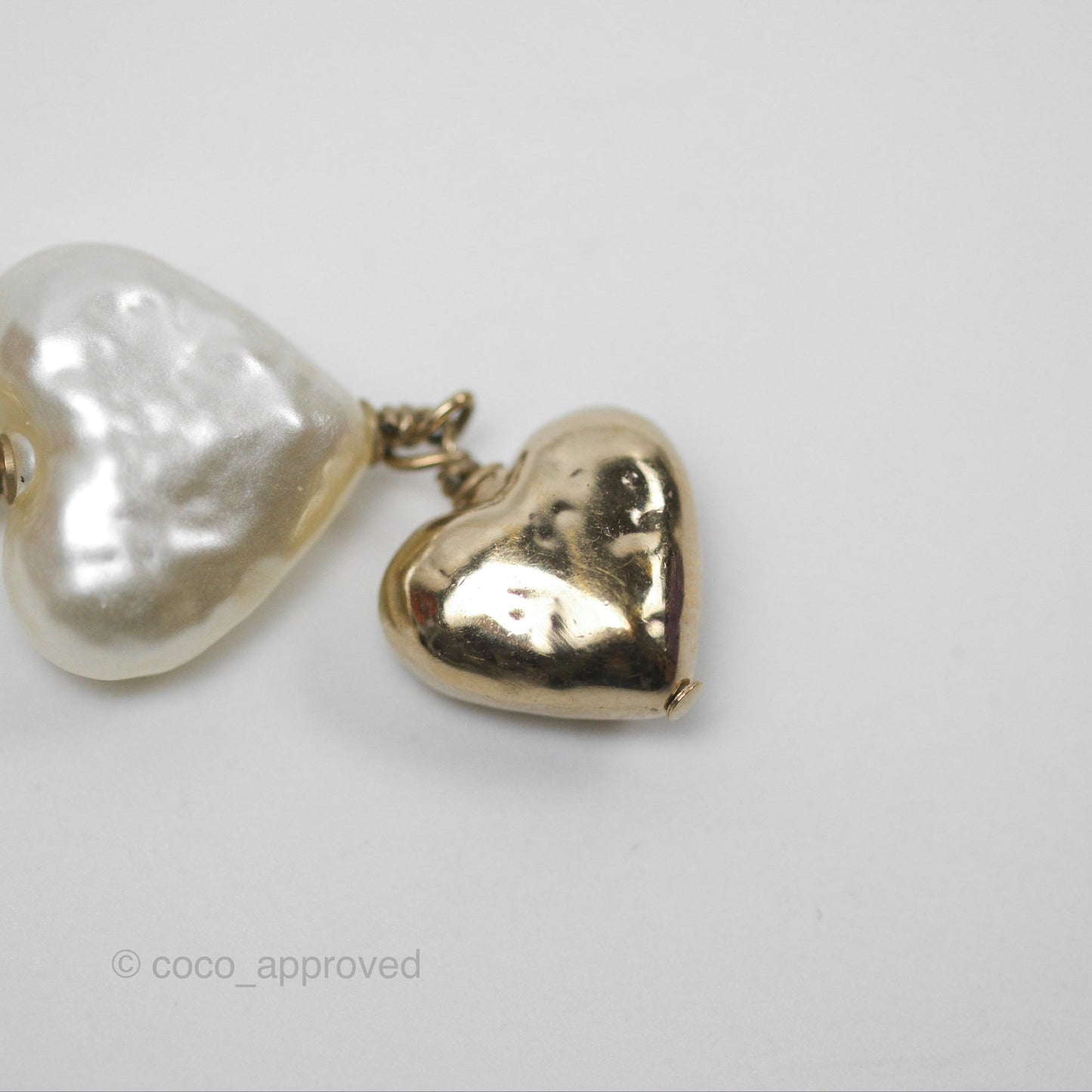 Chanel CC Pearl Heart Drop Earrings Gold Tone 22C