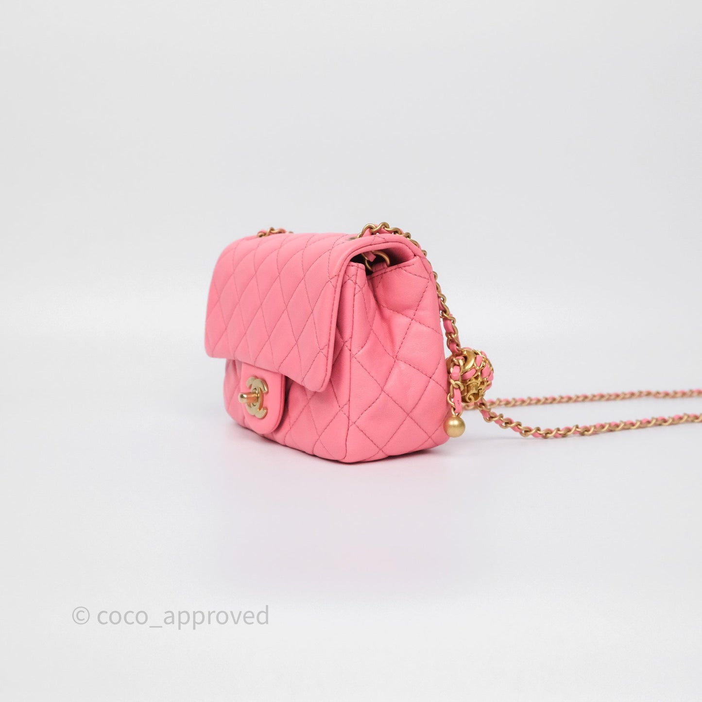 Chanel Pearl Crush Mini Square Quilted Pink Lambskin Aged Gold Hardware