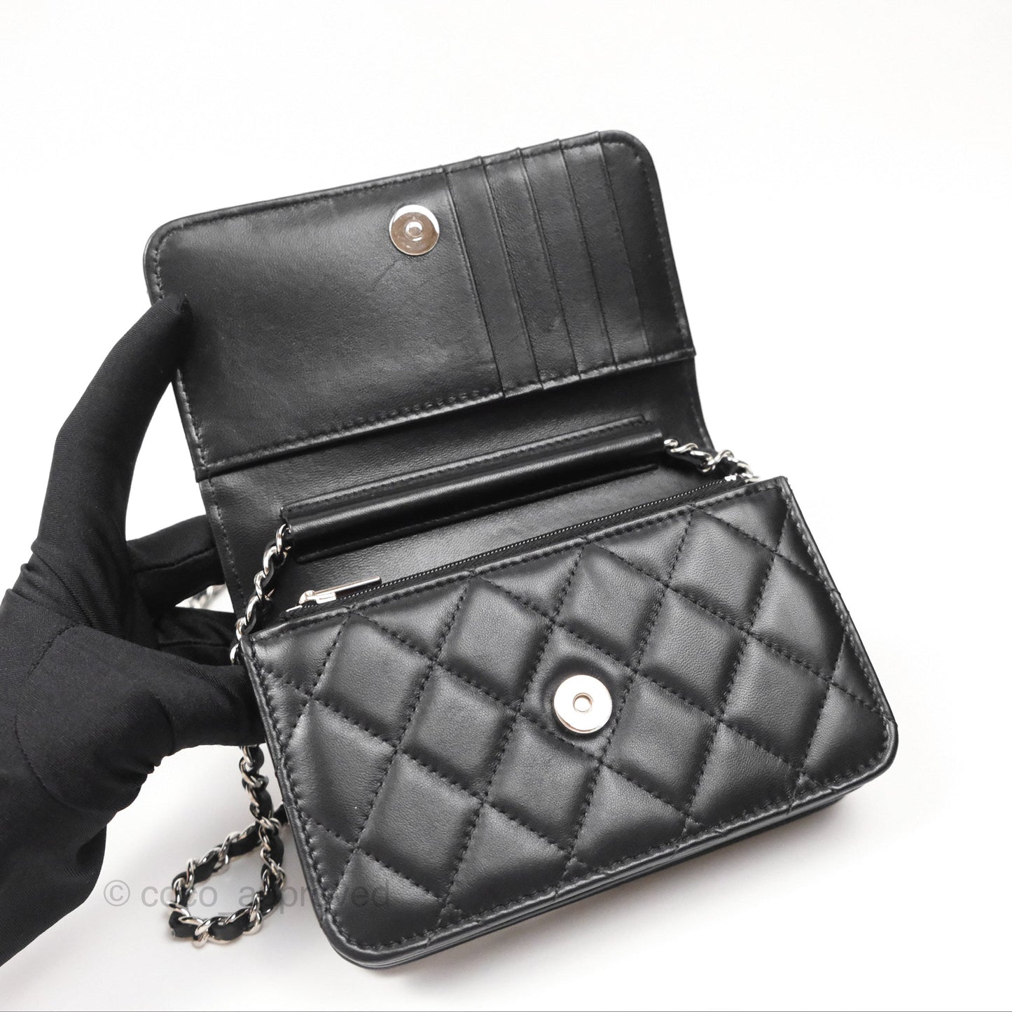 Chanel Quilted Mini Wallet on Chain WOC Black Lambskin Silver Hardware