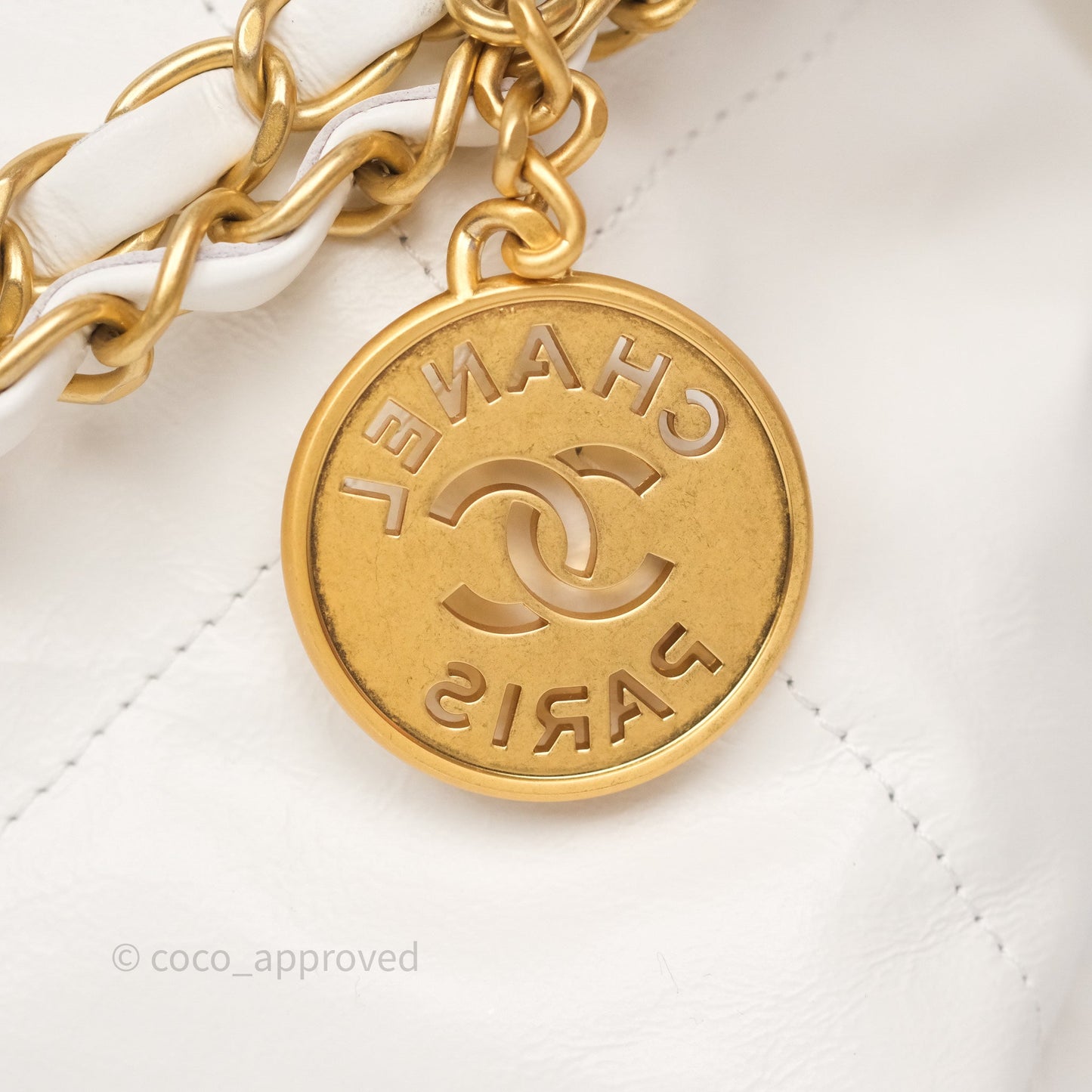 Chanel 22 Small White Aged Calfskin Black Logo Aged Gold Hardware