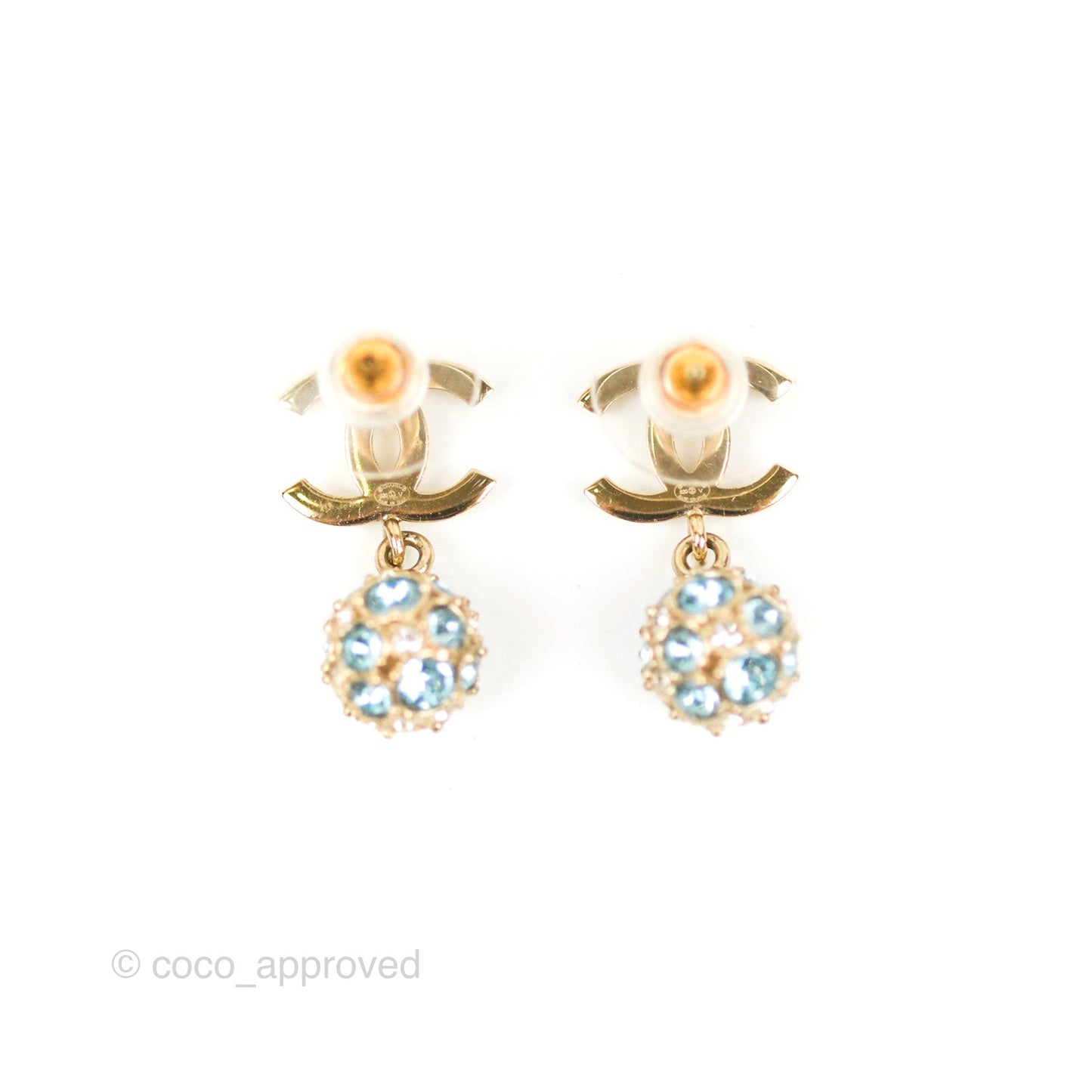 Chanel CC Blue Crystal Drop Earrings Gold Tone 20V