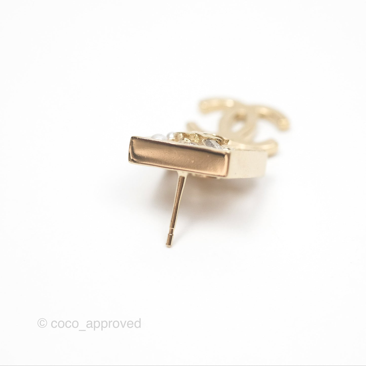 Chanel Square Crystal Pearl CC Drop Earrings Gold Tone 22C