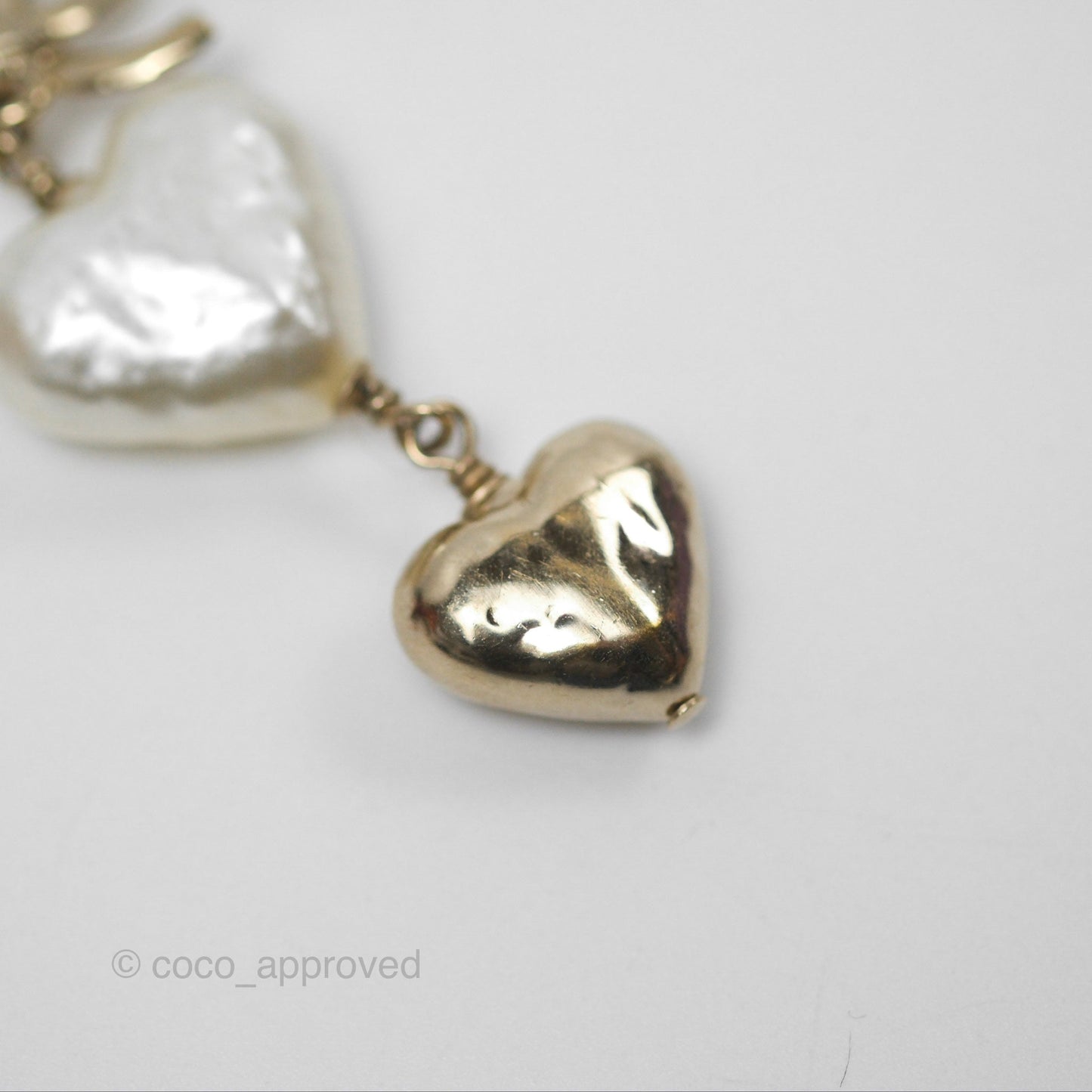 Chanel CC Pearl Heart Drop Earrings Gold Tone 22C