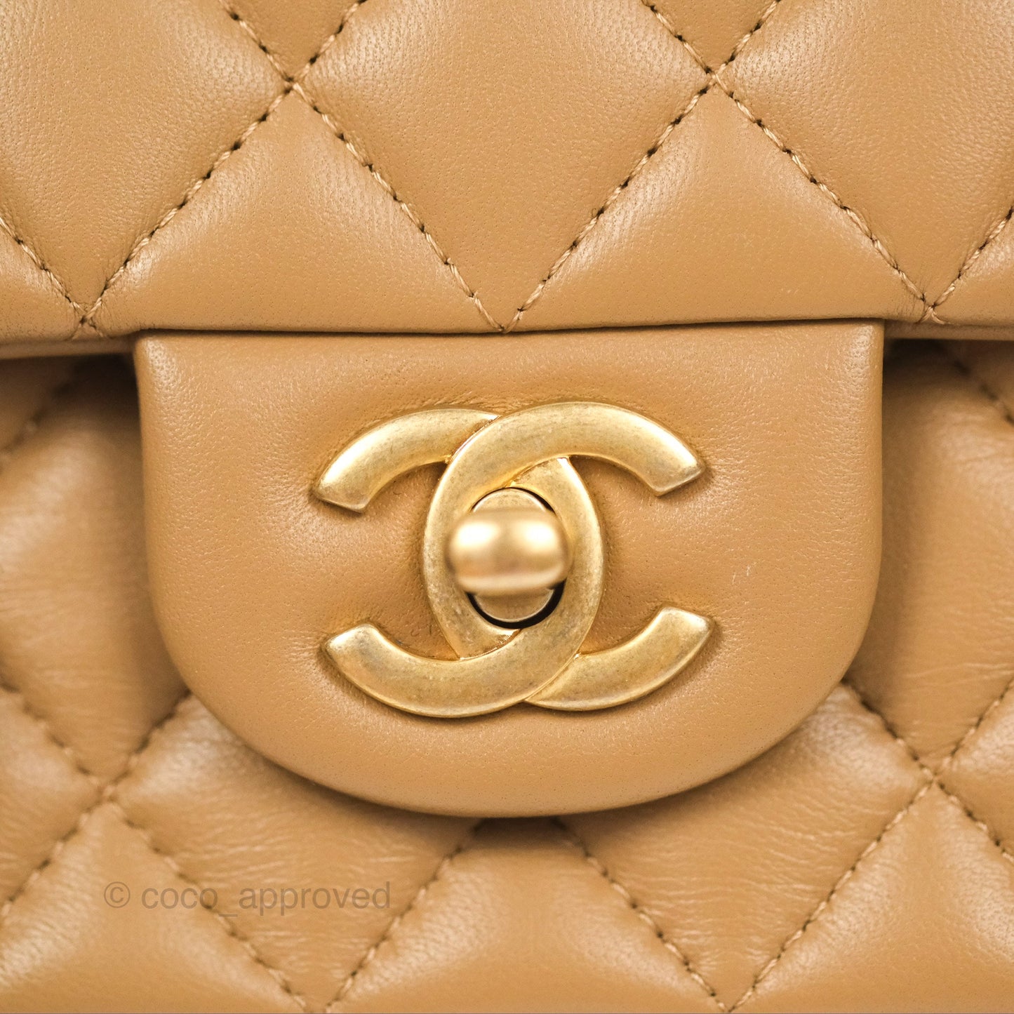 Chanel Top Handle Mini Rectangular Flap Bag Beige Lambskin Aged Gold Hardware