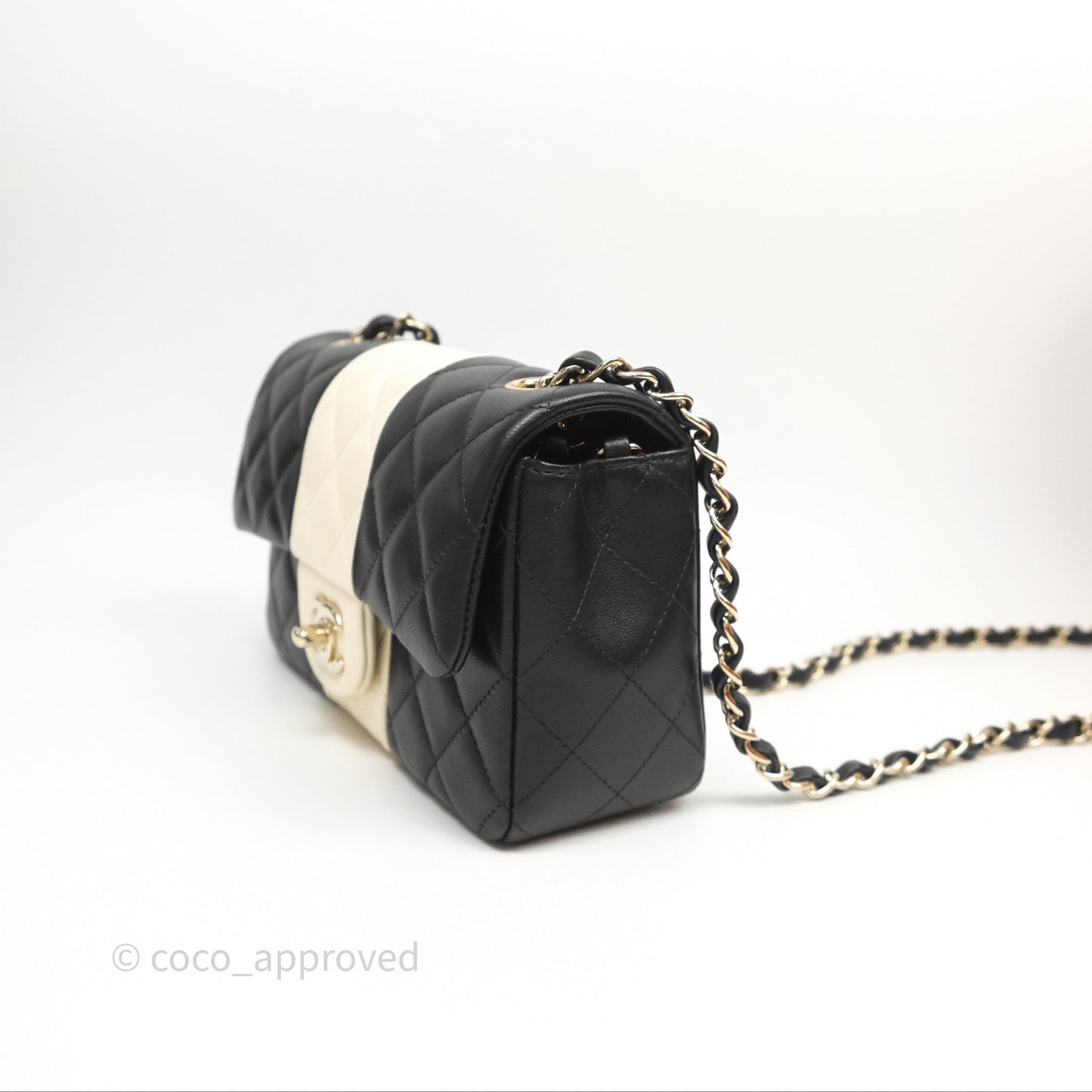 Chanel Mini Rectangular Flap Quilted Black White Lambskin Gold Hardware