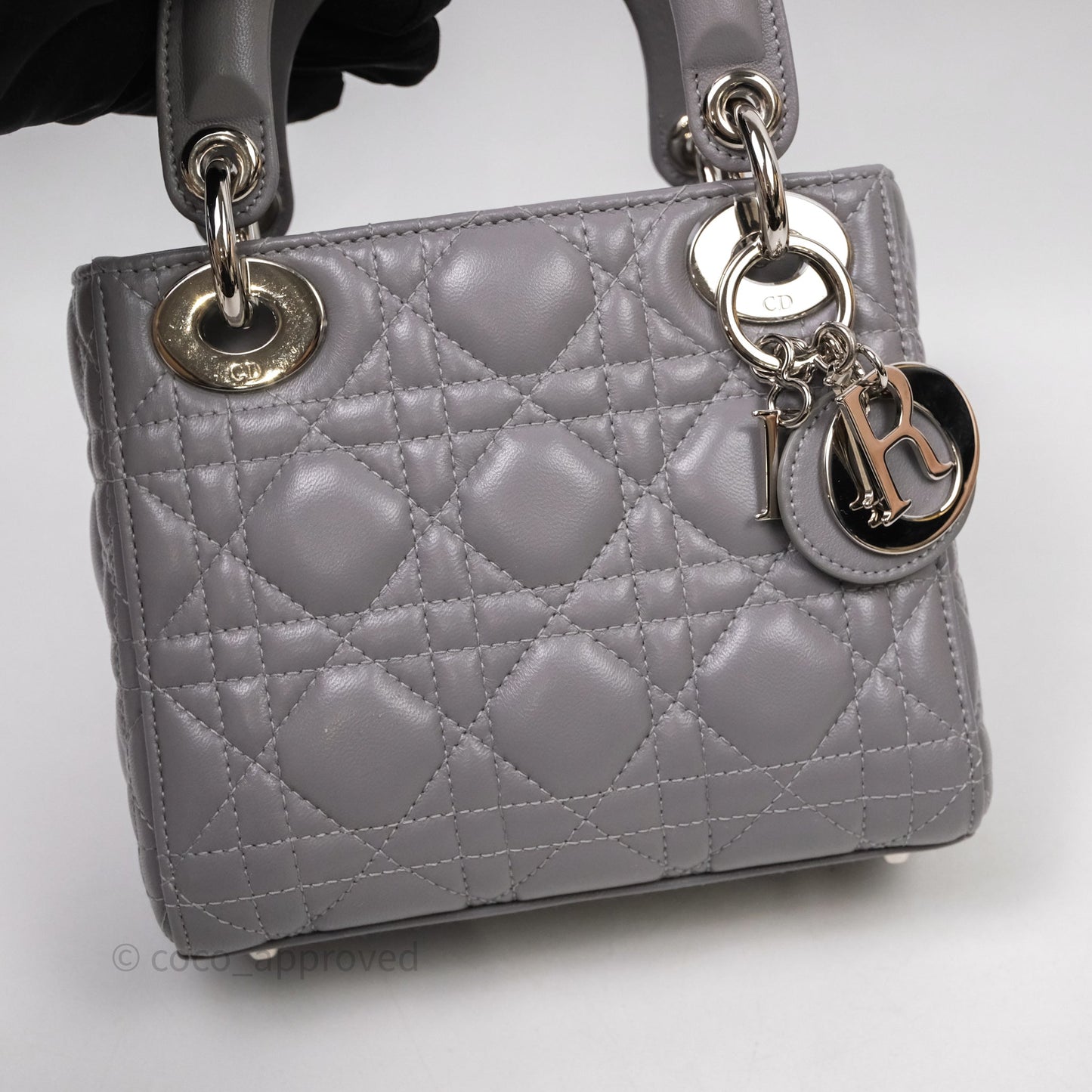 Christian Dior Mini Lady Dior Lambskin Cannage Grey Silver Hardware