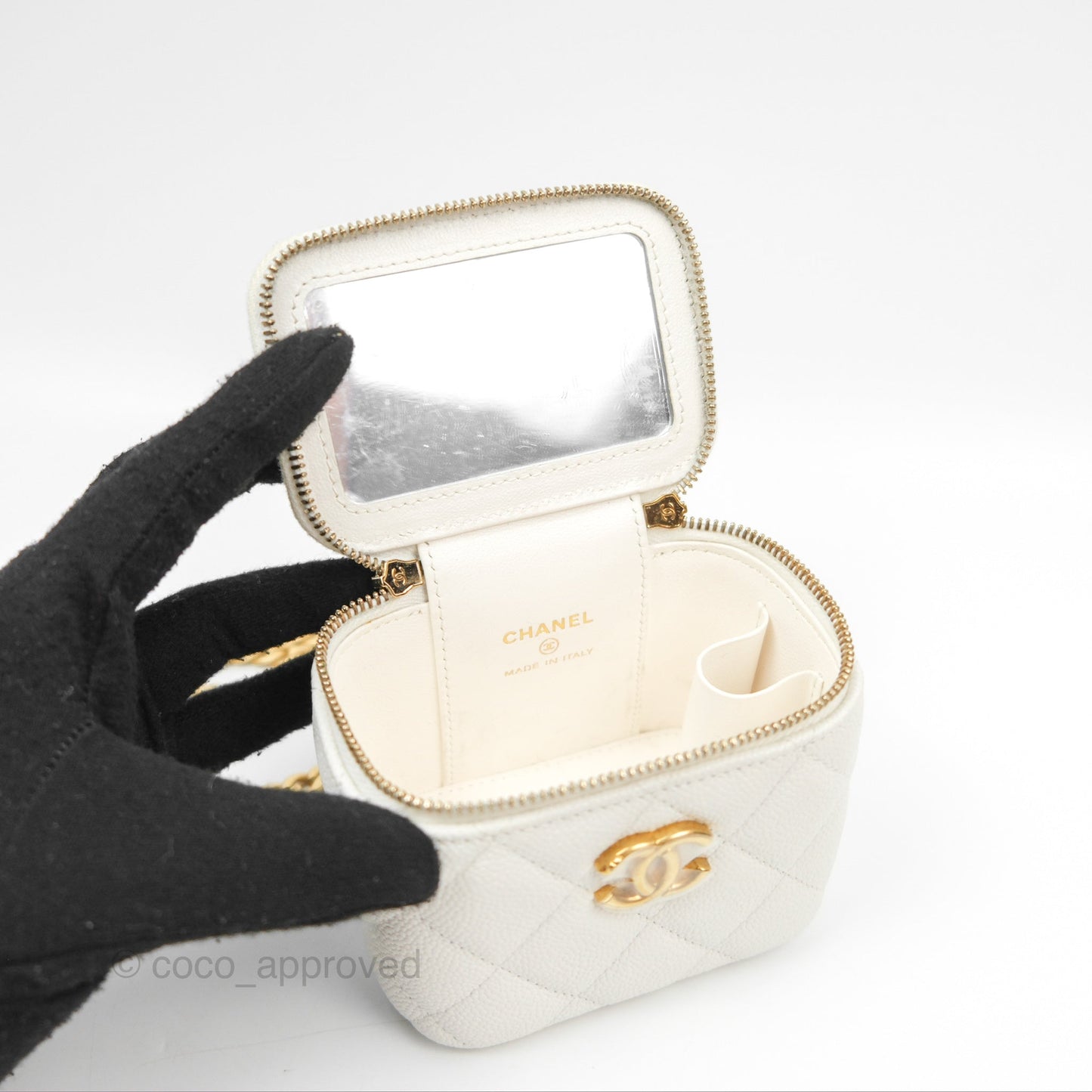 Chanel Quilted Heart Crush Mini Vanity With Chain White Caviar Aged Gold Hardware
