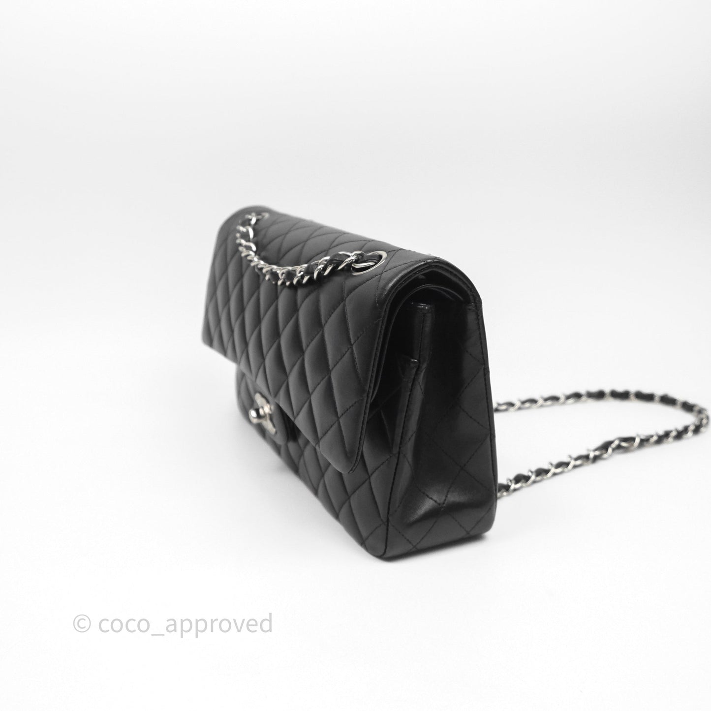 Chanel Classic M/L Medium Flap Quilted Black Lambskin Silver Hardware