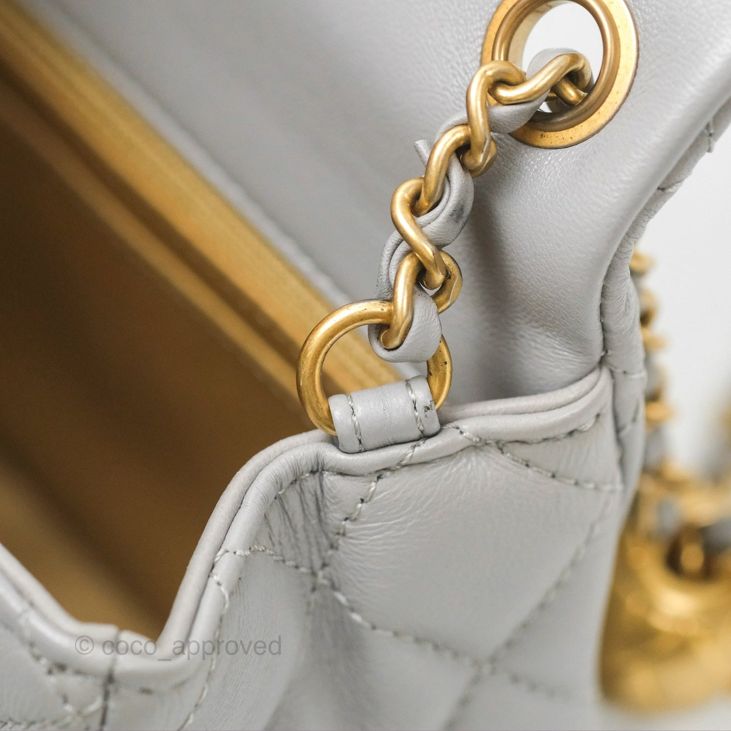 Chanel Pearl Crush Mini Square Quilted Light Grey Lambskin Aged Gold Hardware