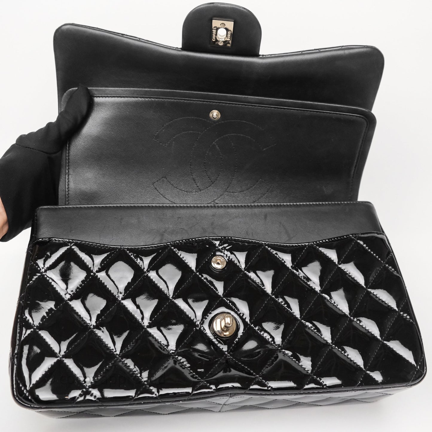 Chanel Jumbo Double Flap Black Patent Silver Hardware⁣⁣
