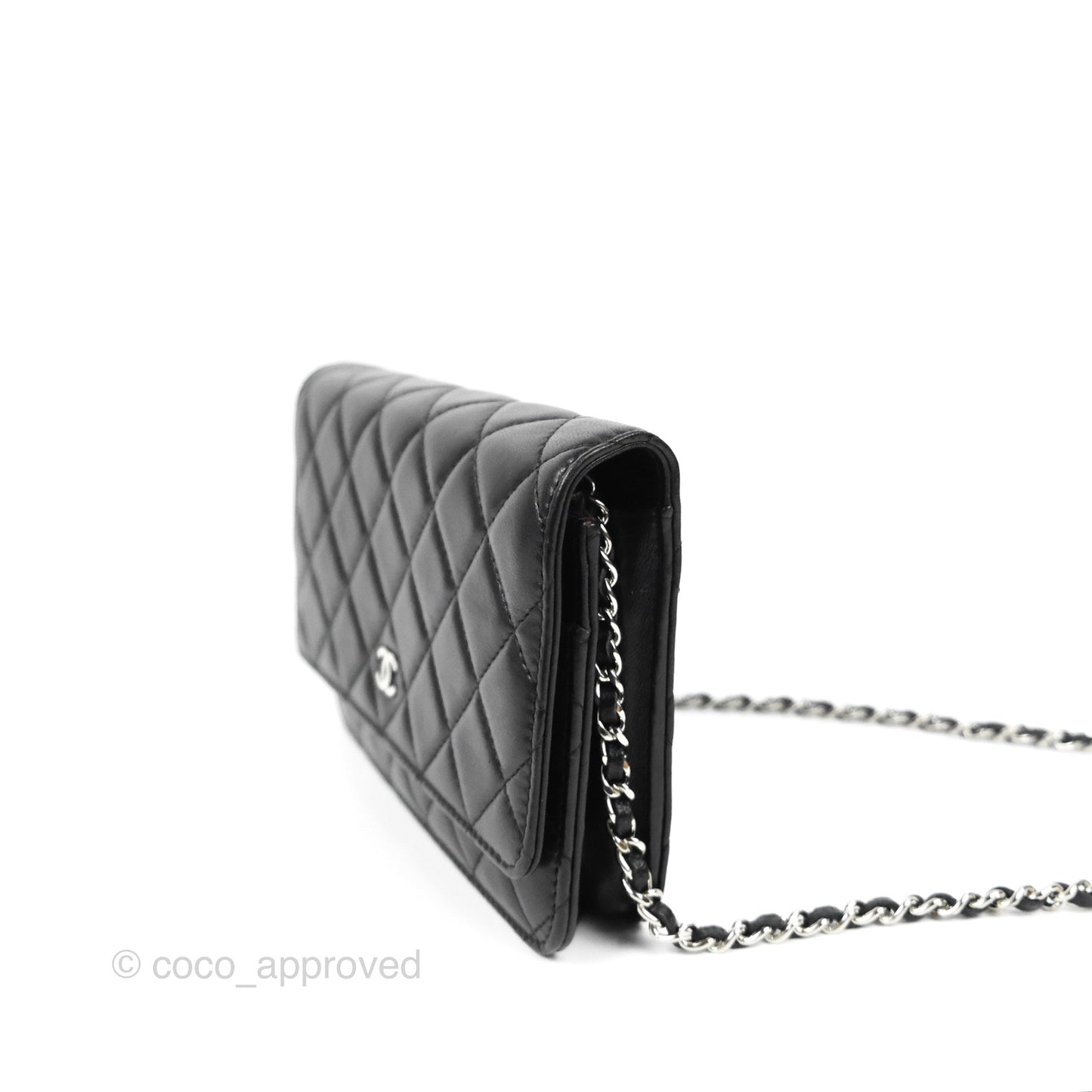 Chanel Quilted Classic Wallet On Chain WOC Black Lambskin Silver Hardware