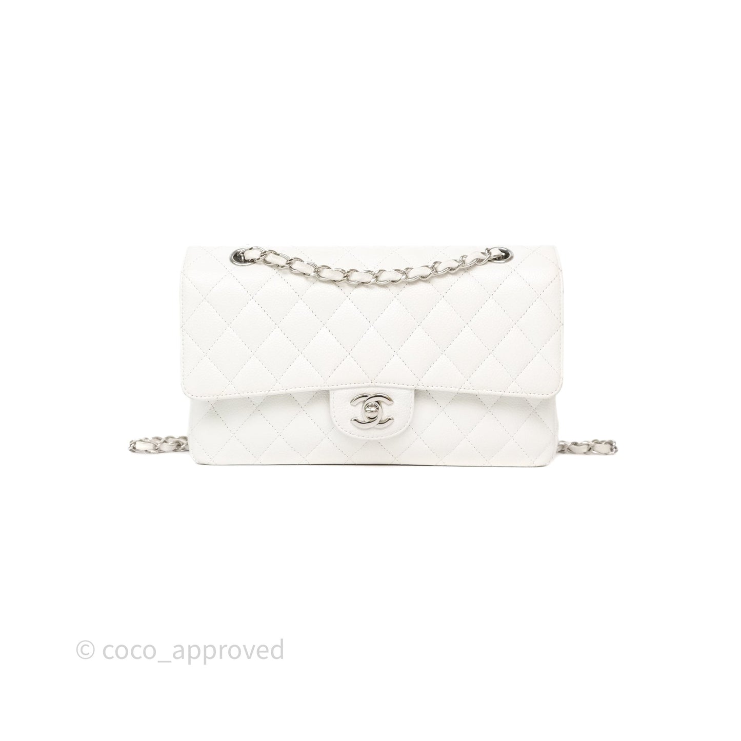 Chanel M/L Medium Classic Flap Quilted White Caviar Silver Hardware