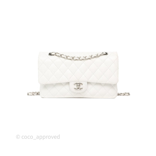 Chanel M/L Medium Classic Flap Quilted White Caviar Silver Hardware