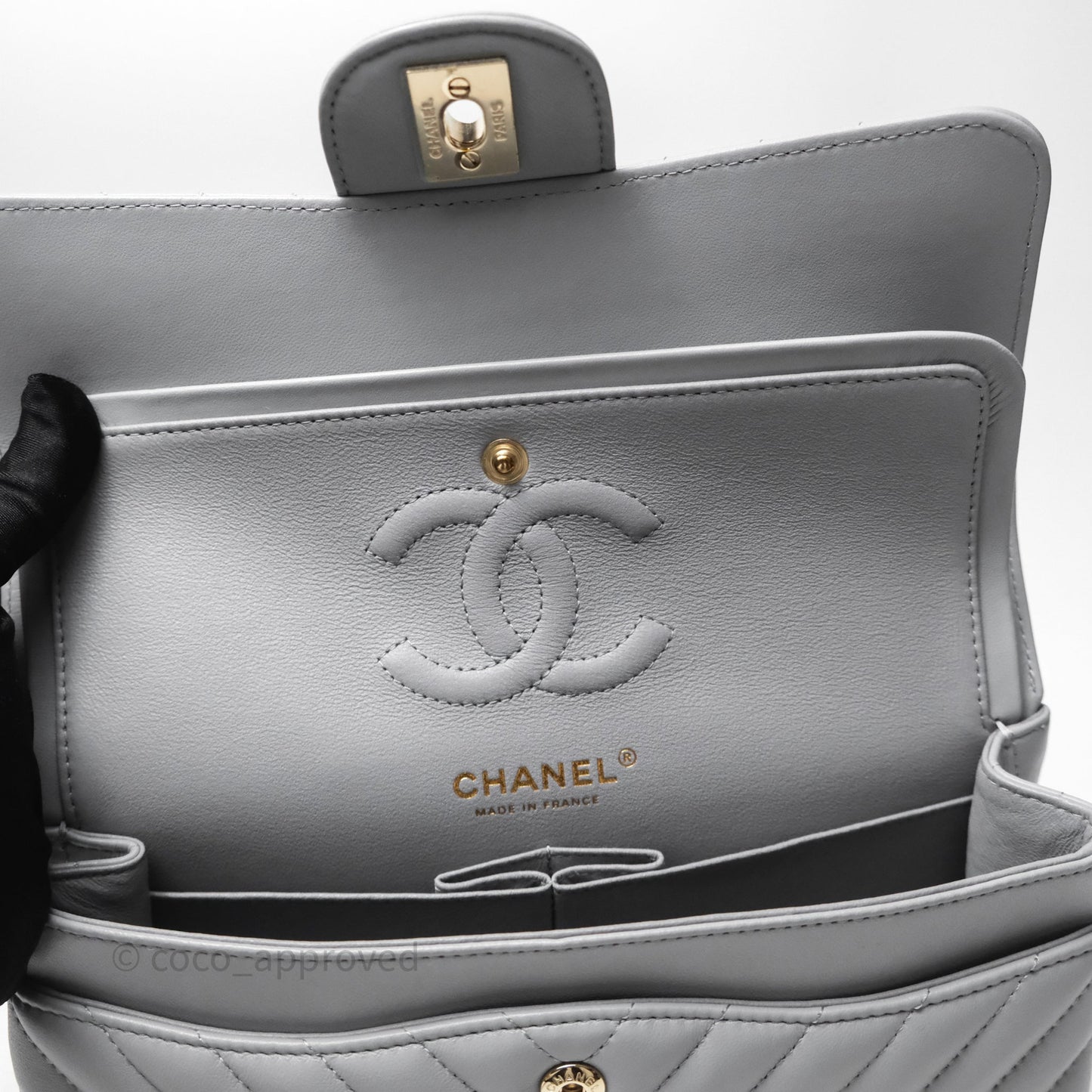 Chanel Classic Small Flap Chevron Grey Lambskin Gold Hardware