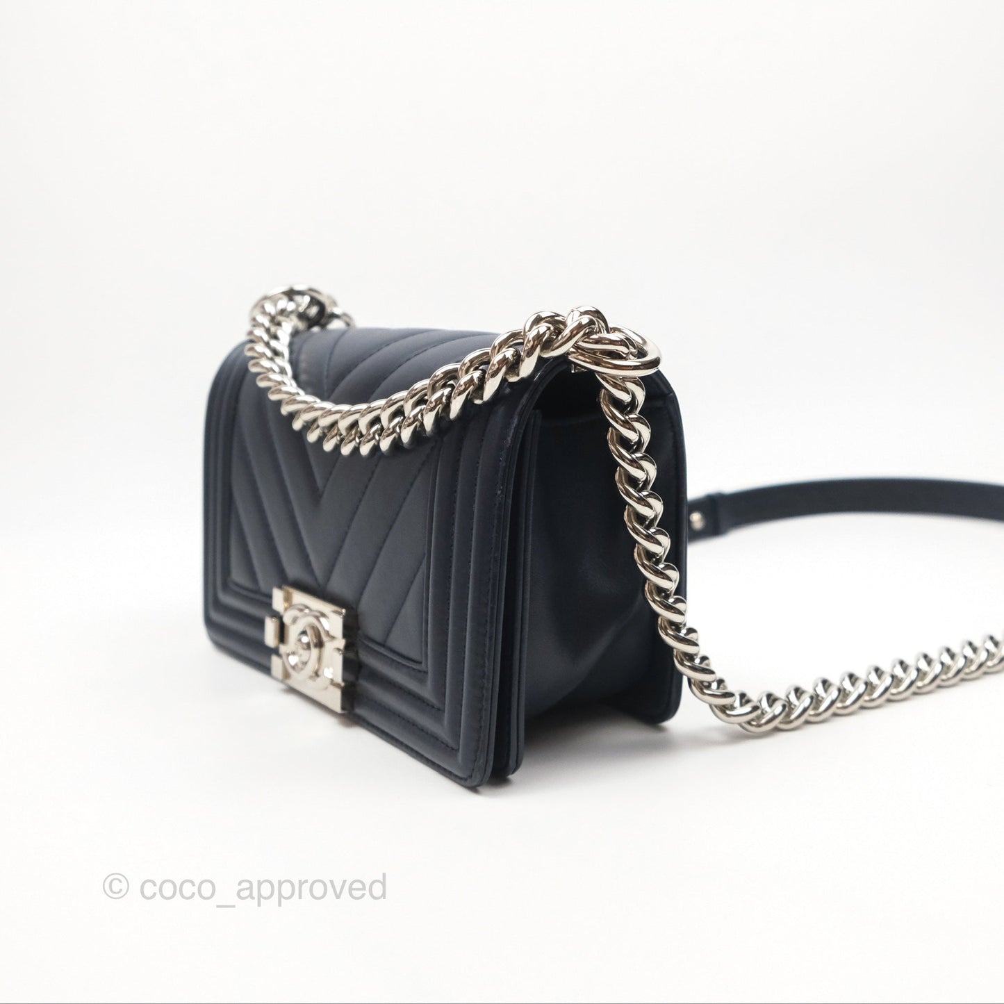 Chanel Small Chevron Boy Navy Calfskin Silver Hardware