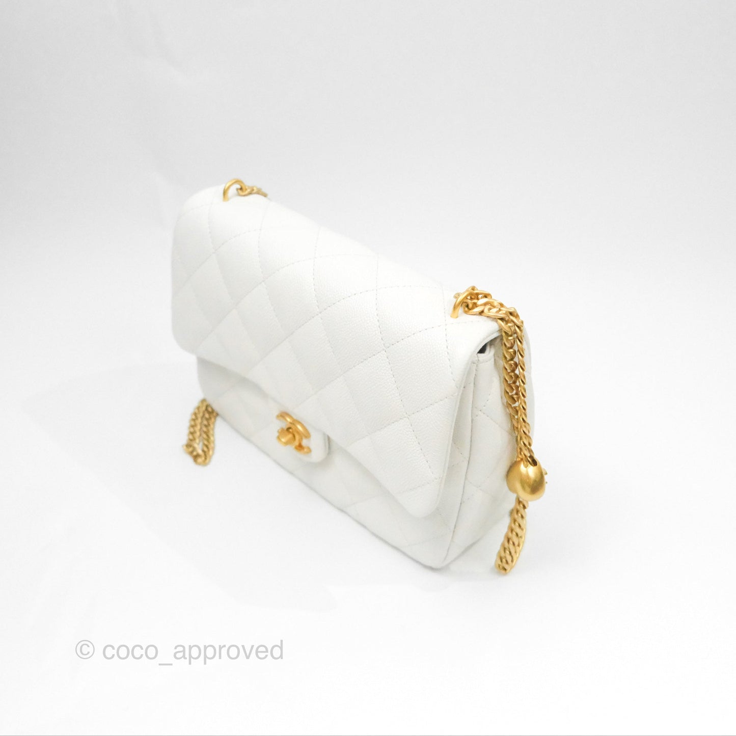 Chanel Large Flap Bag Heart Adjustable Chain White Caviar Aged Gold Hardware