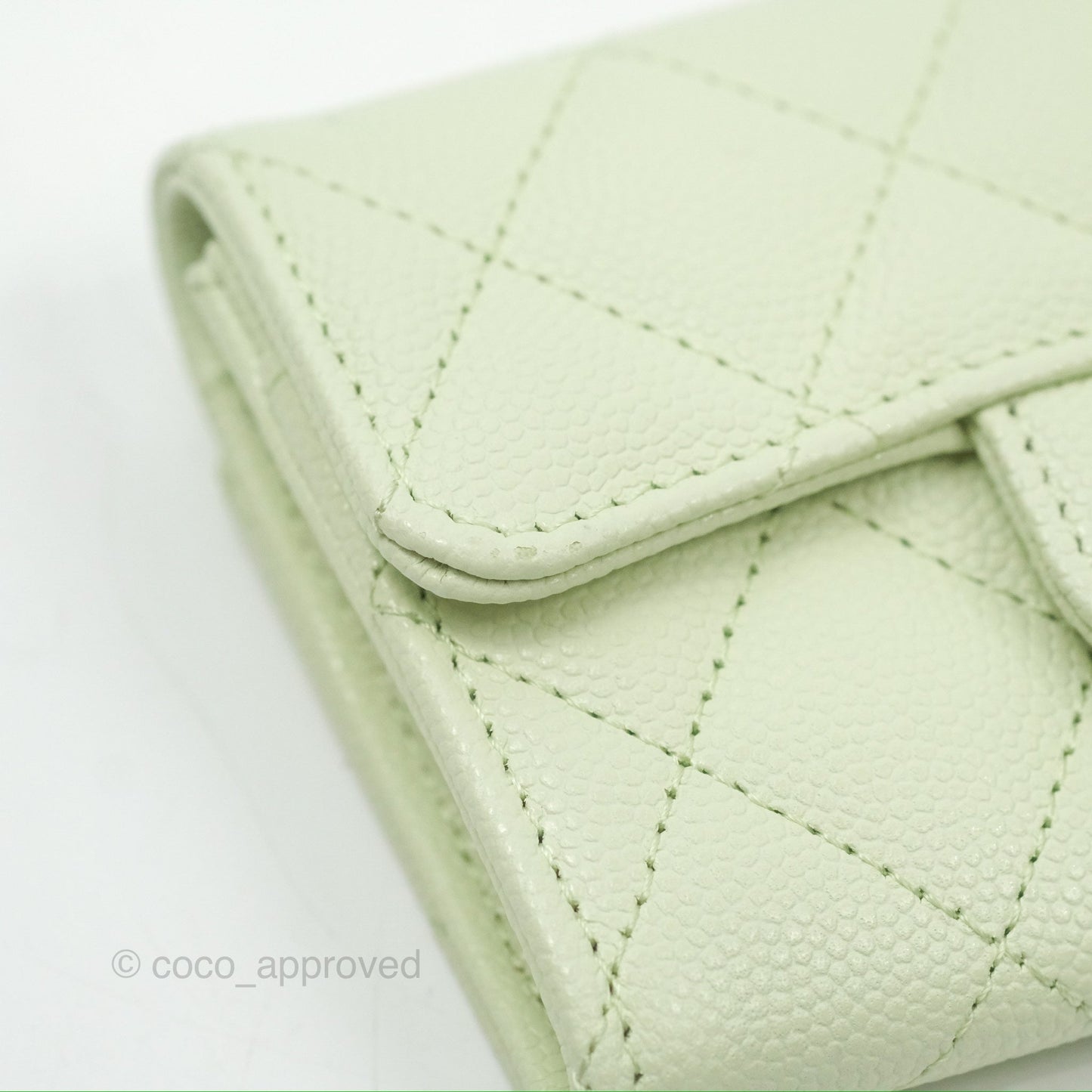 Chanel Quilted Flap Card Holder Light Green Caviar Gold Hardware