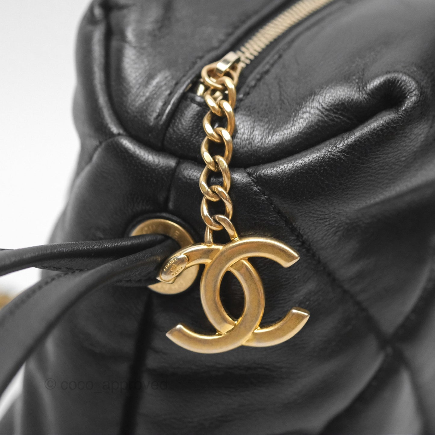 Chanel Small Quilted Bowling Bag Black Lambskin Aged Gold Hardware