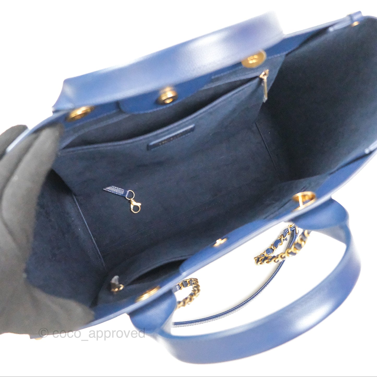 Chanel Small Studded Deauville Tote Navy Caviar Aged Gold Hardware