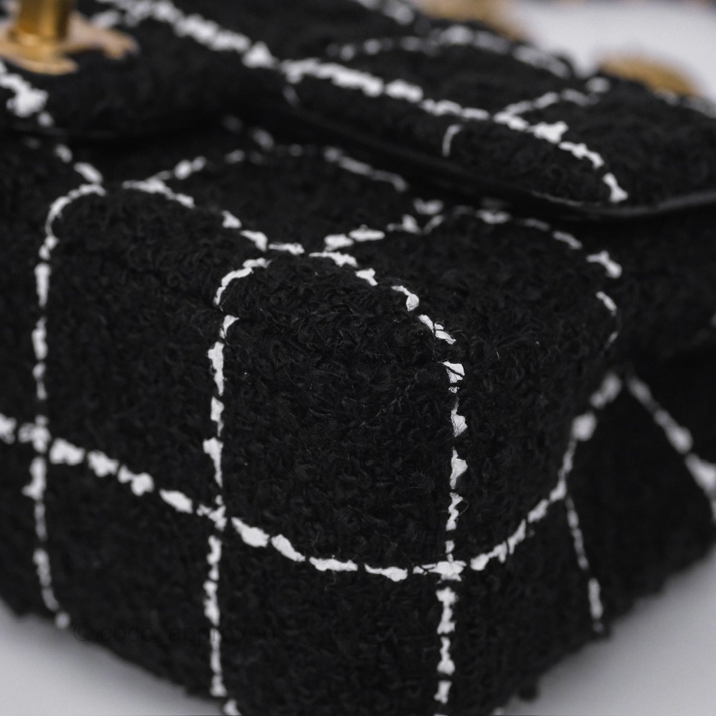 Chanel Pearl Crush Mini Rectangular Grid Black White Tweed Aged Gold Hardware