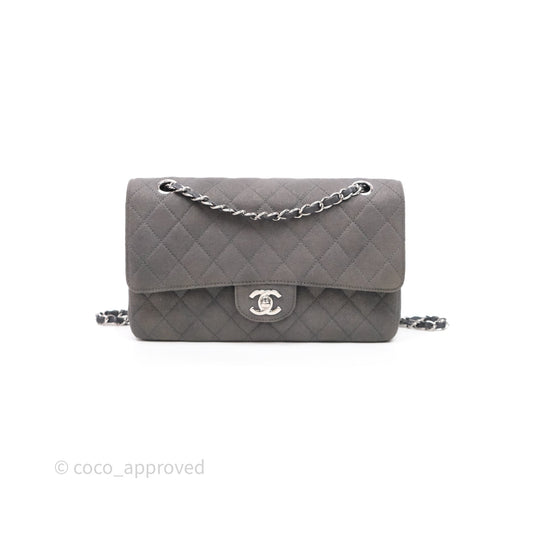 Chanel Classic M/L Medium Flap Quilted Iridescent Metallic Grey Canvas Silver Hardware