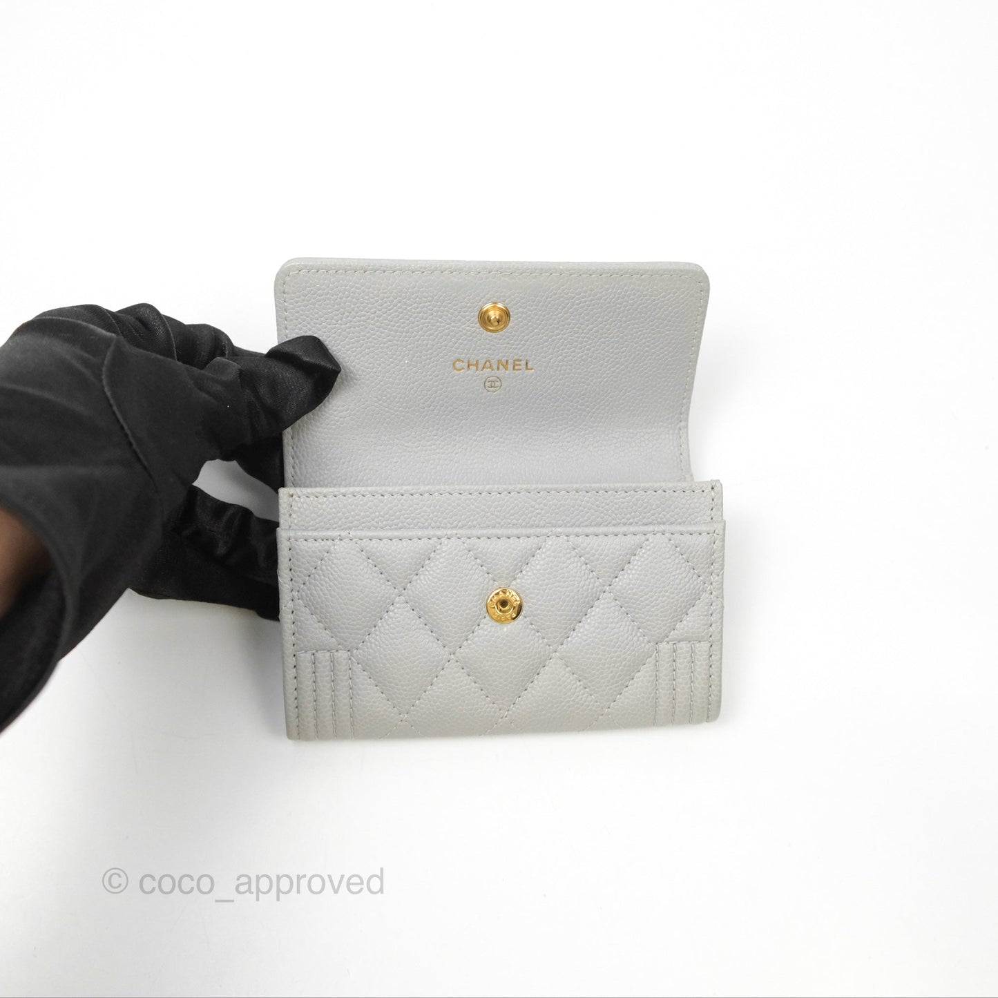 Chanel Boy Quilted Flap Card Holder Grey Caviar Aged Gold Hardware